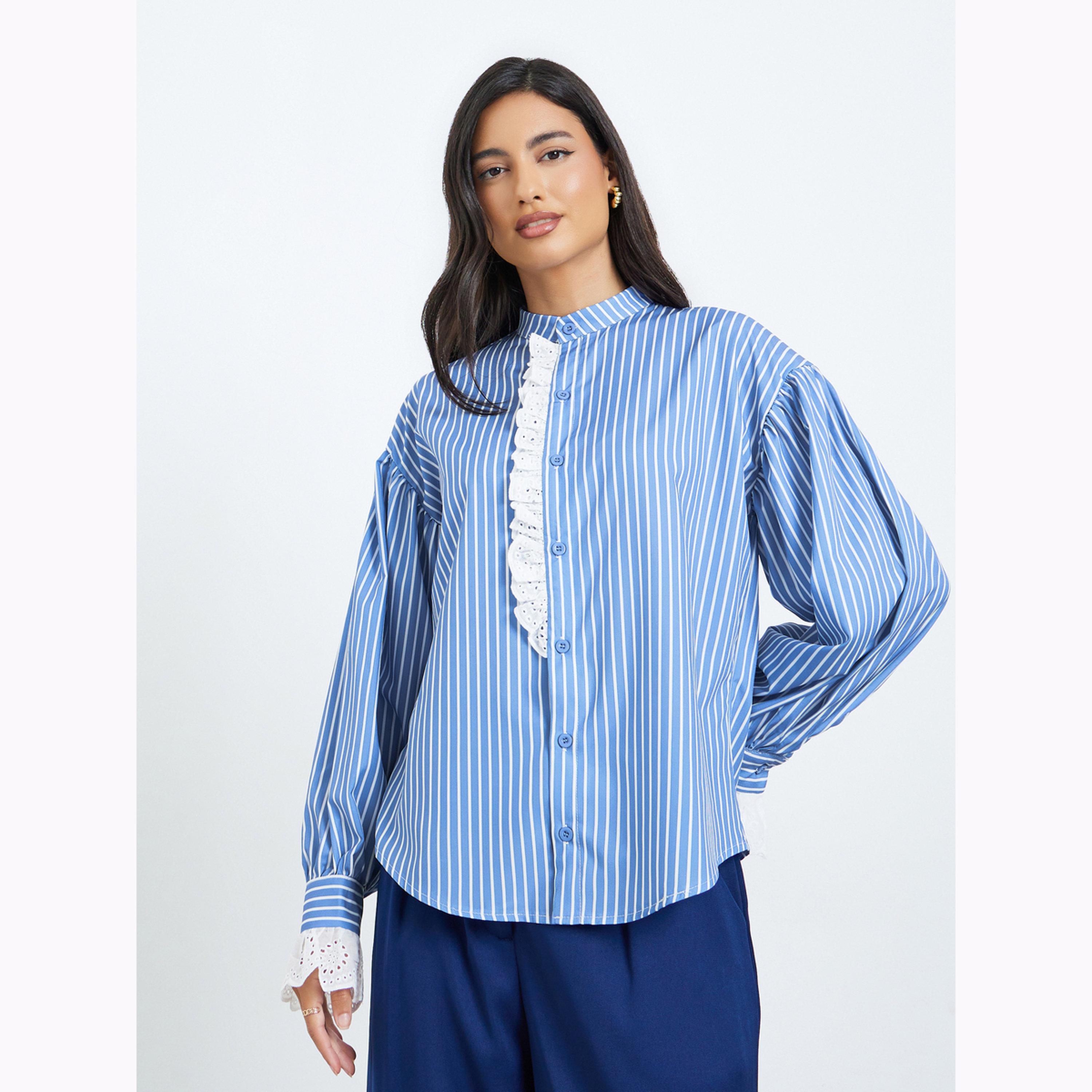 Styli Blue Striped Ruffle Trim Shirt-women-clothing-shirtsandblouses-shirts-image-1