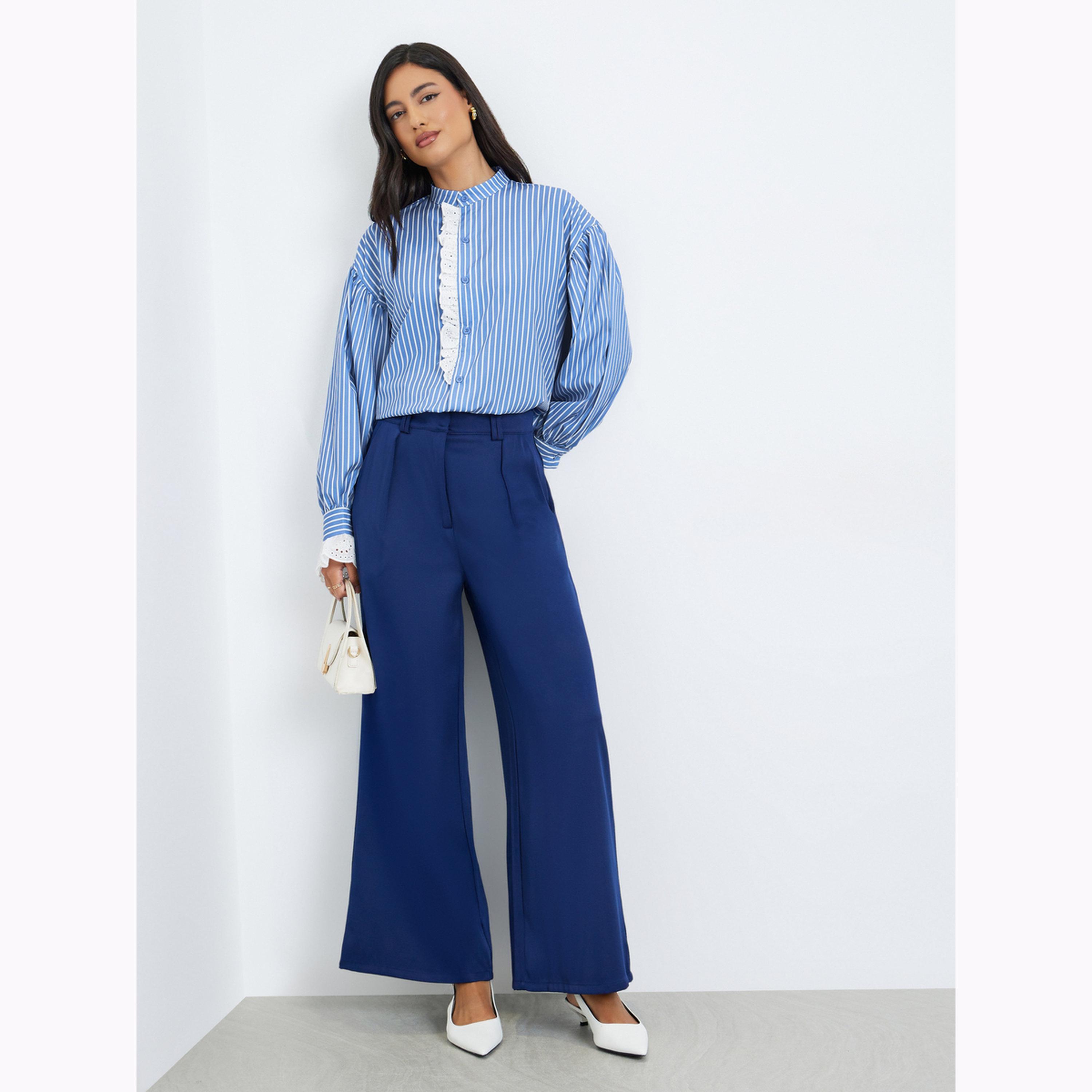 Styli Blue Striped Ruffle Trim Shirt-women-clothing-shirtsandblouses-shirts-image-2