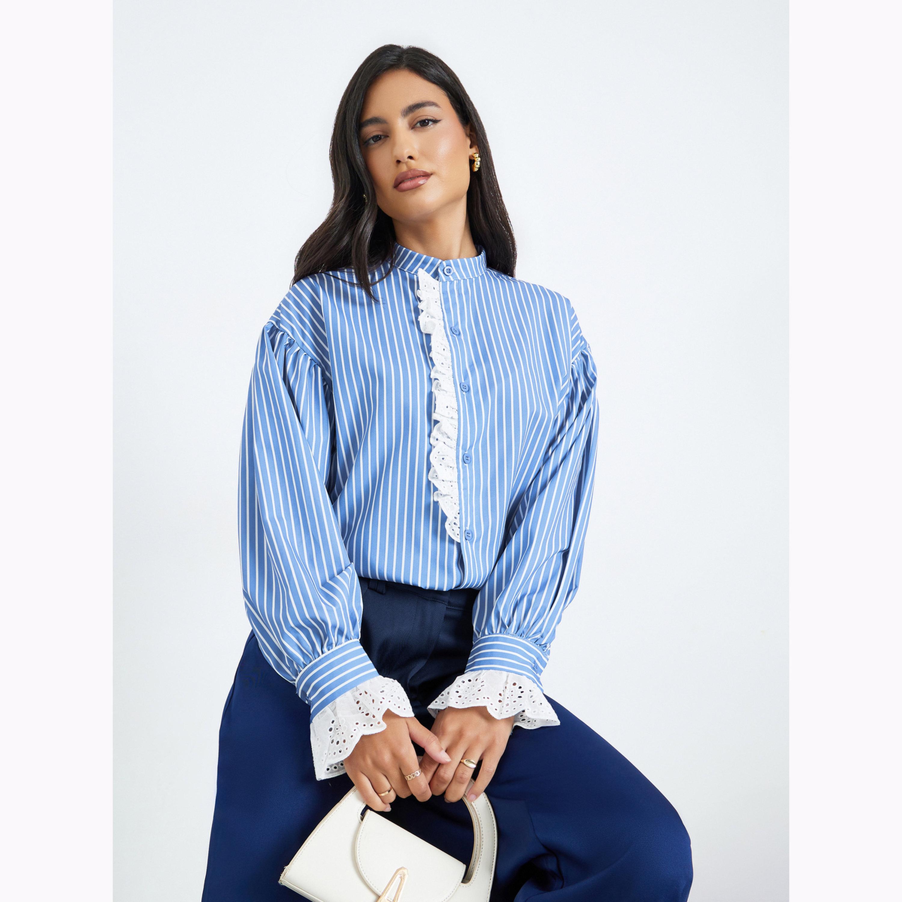 Styli Blue Striped Ruffle Trim Shirt-women-clothing-shirtsandblouses-shirts-image-3