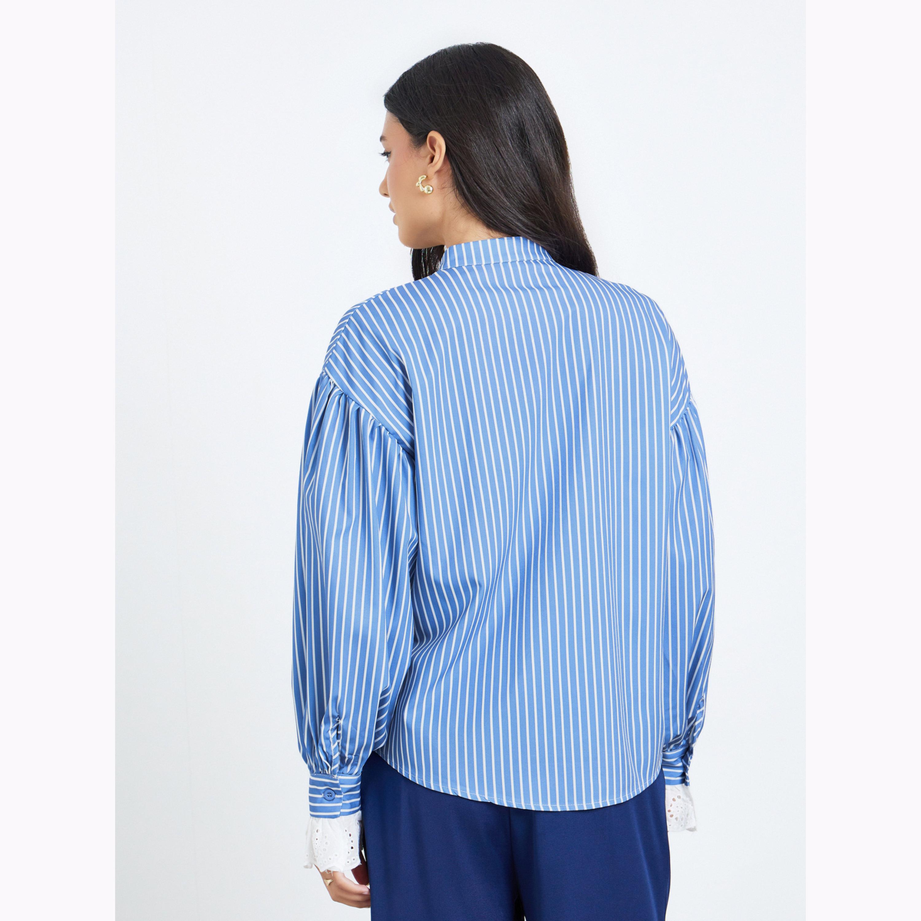 Styli Blue Striped Ruffle Trim Shirt-women-clothing-shirtsandblouses-shirts-image-4