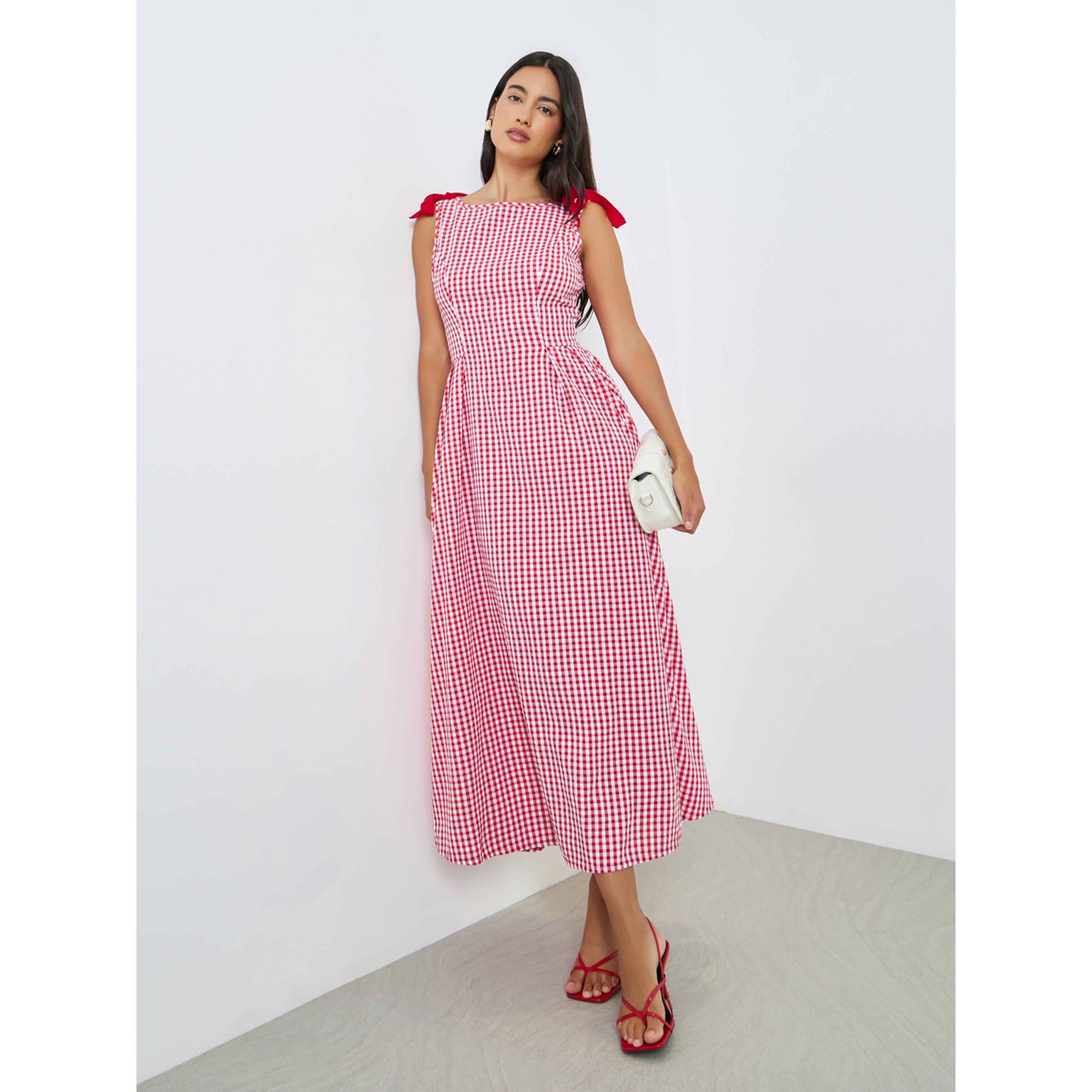 فستان ميدي بنمط مربعات وتفاصيل فيونكة-women-clothing-dresses-image-1
