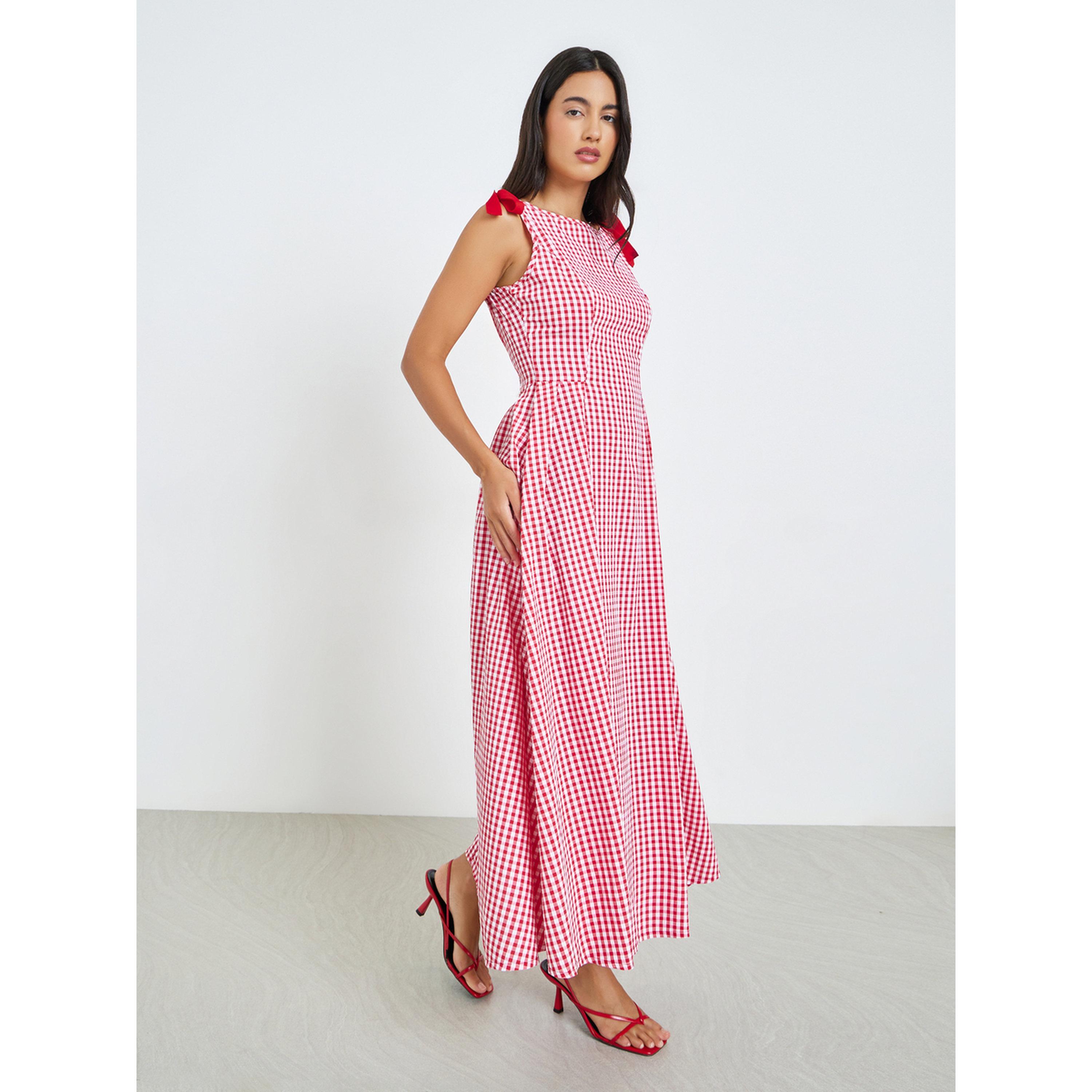 Styli Red Gingham Midi Dress with Bow Detail-women-clothing-dresses-image-2
