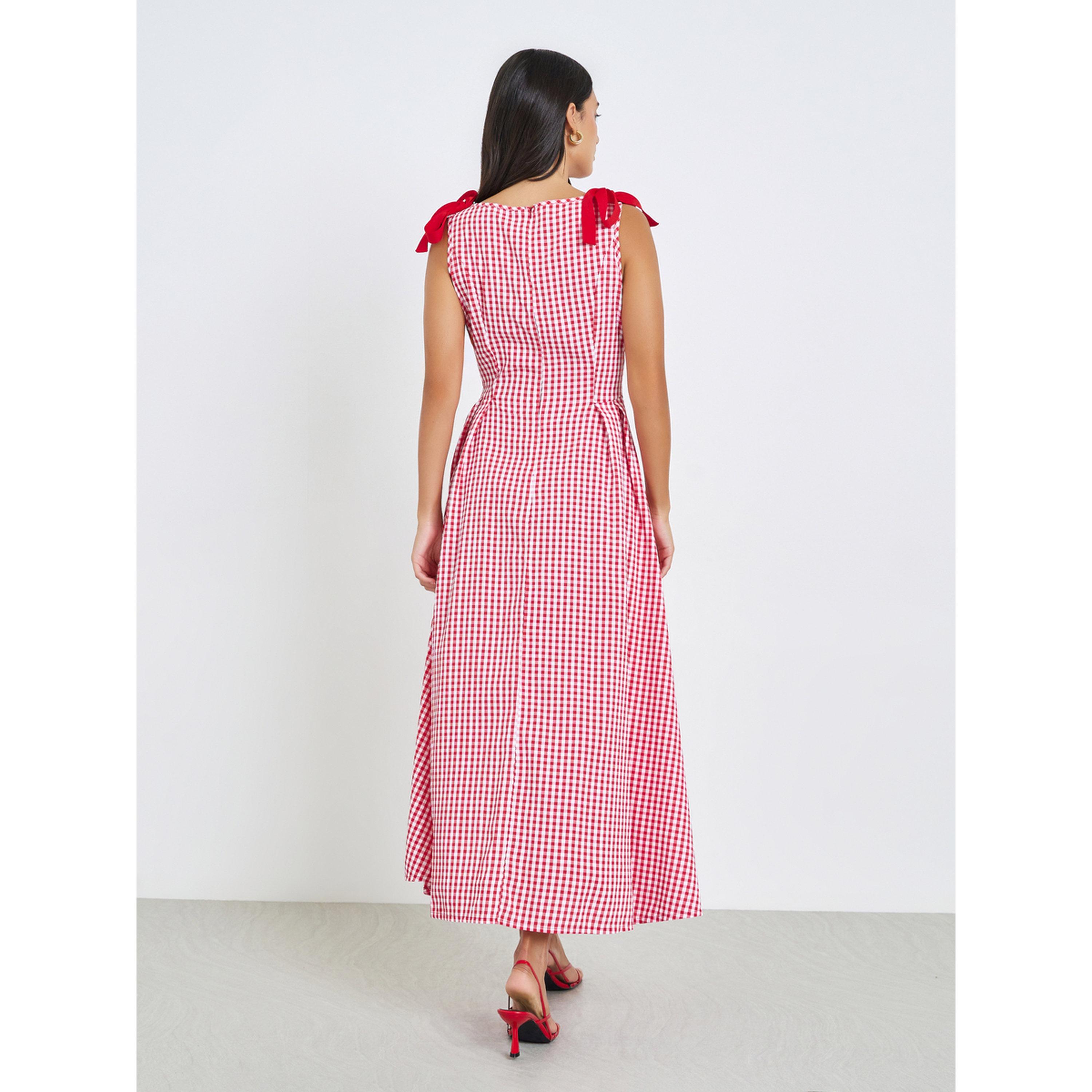 Styli Red Gingham Midi Dress with Bow Detail-women-clothing-dresses-image-4