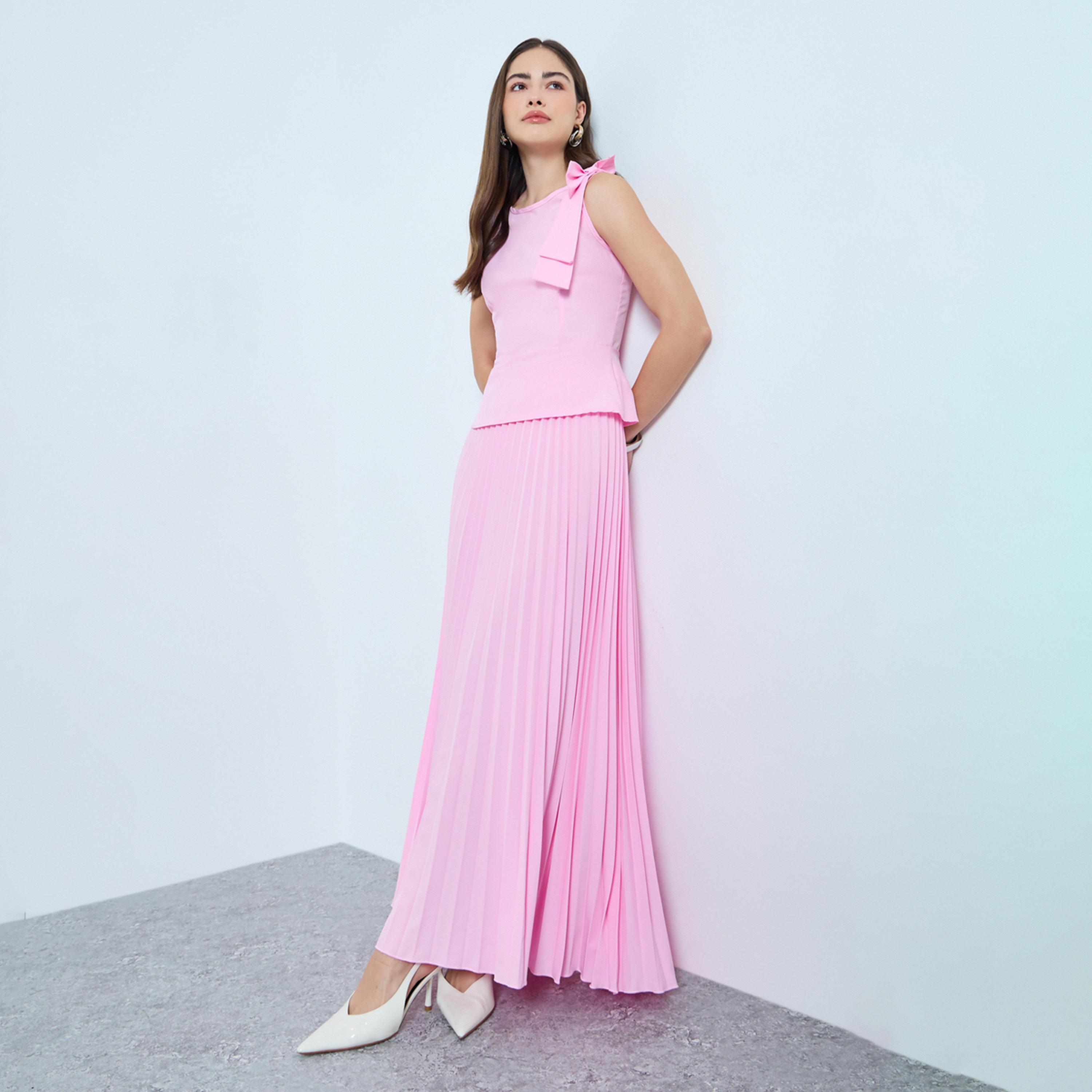 Styli Pink Bow-Knot Embellished Top and Pleated Maxi Skirt Co-Ords-women-clothing-coordsets-image-1
