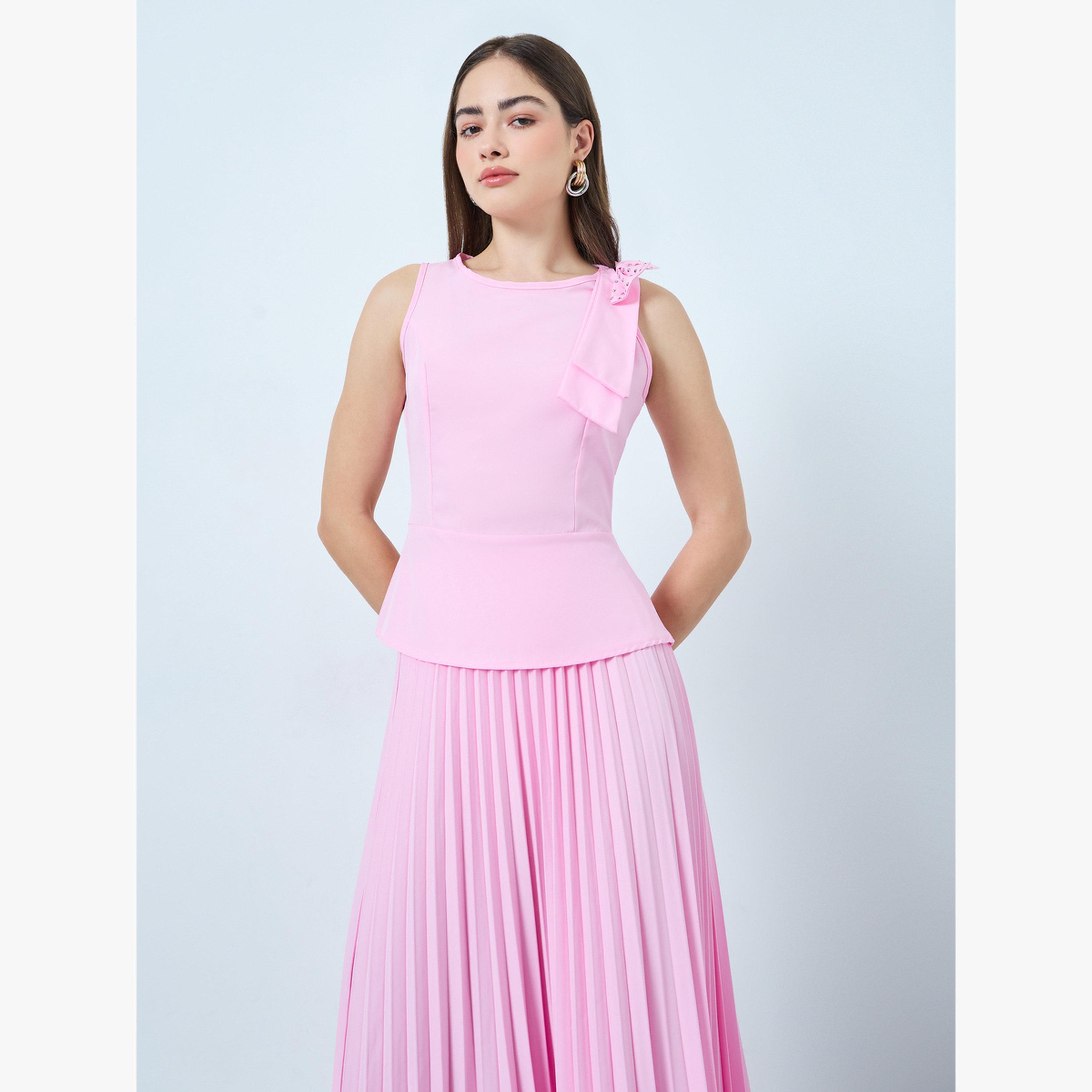 طقم منسق من تنورة ماكسي بكسرات وبلوزة مزينة بفيونكة-women-clothing-coordsets-image-2