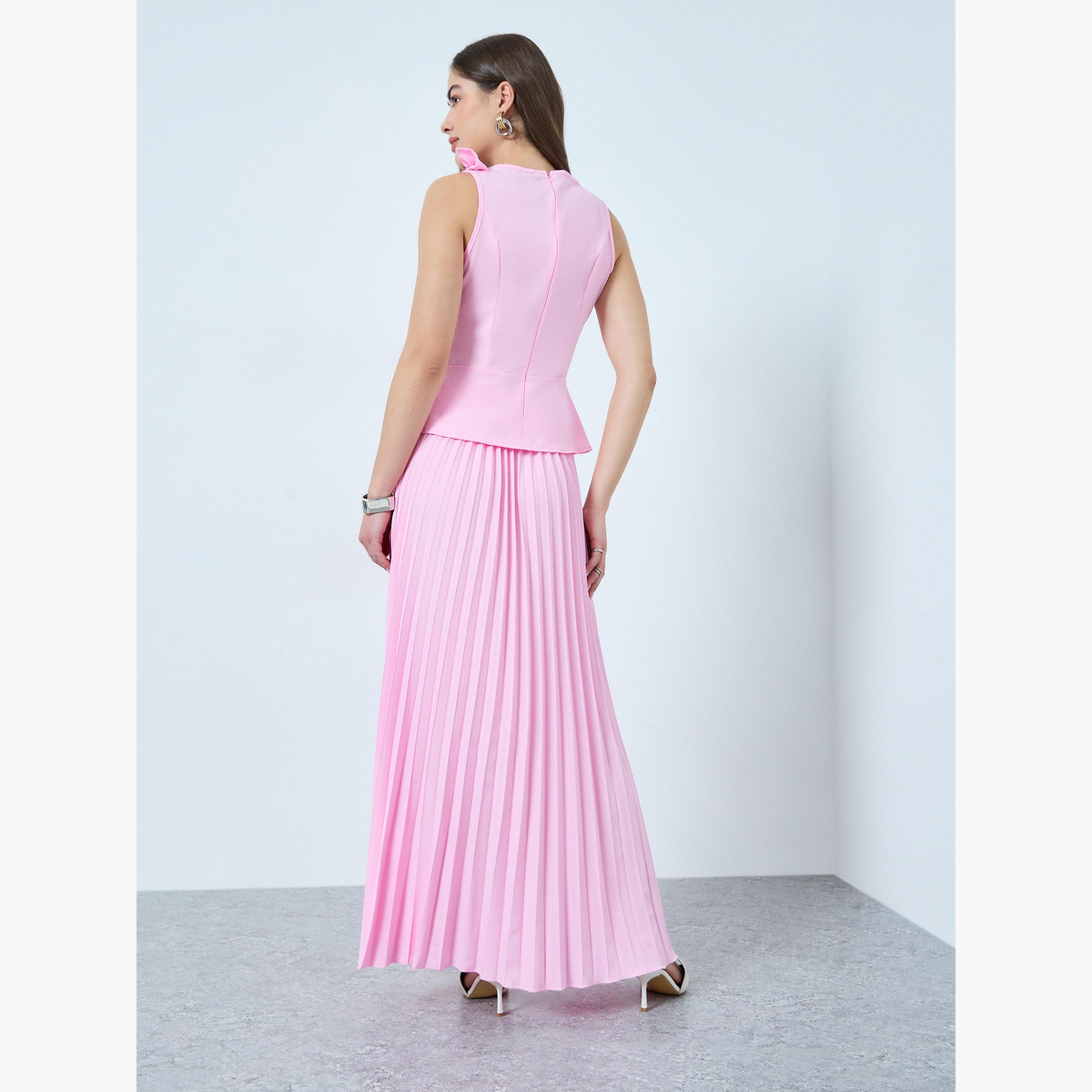 طقم منسق من تنورة ماكسي بكسرات وبلوزة مزينة بفيونكة-women-clothing-coordsets-image-3