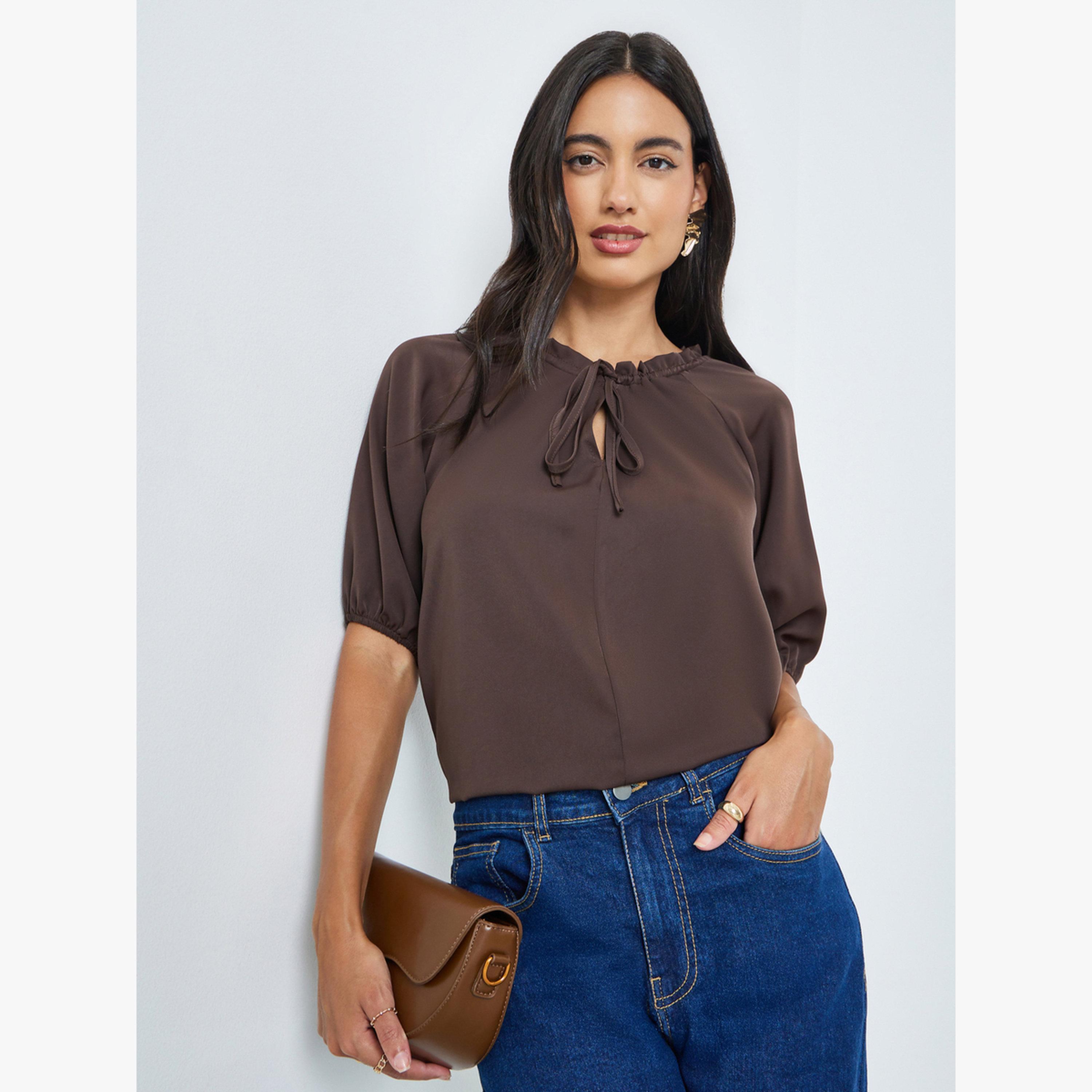 Styli Brown Solid Tie-Up Neck Blouse-women-clothing-shirtsandblouses-blouses-image-3