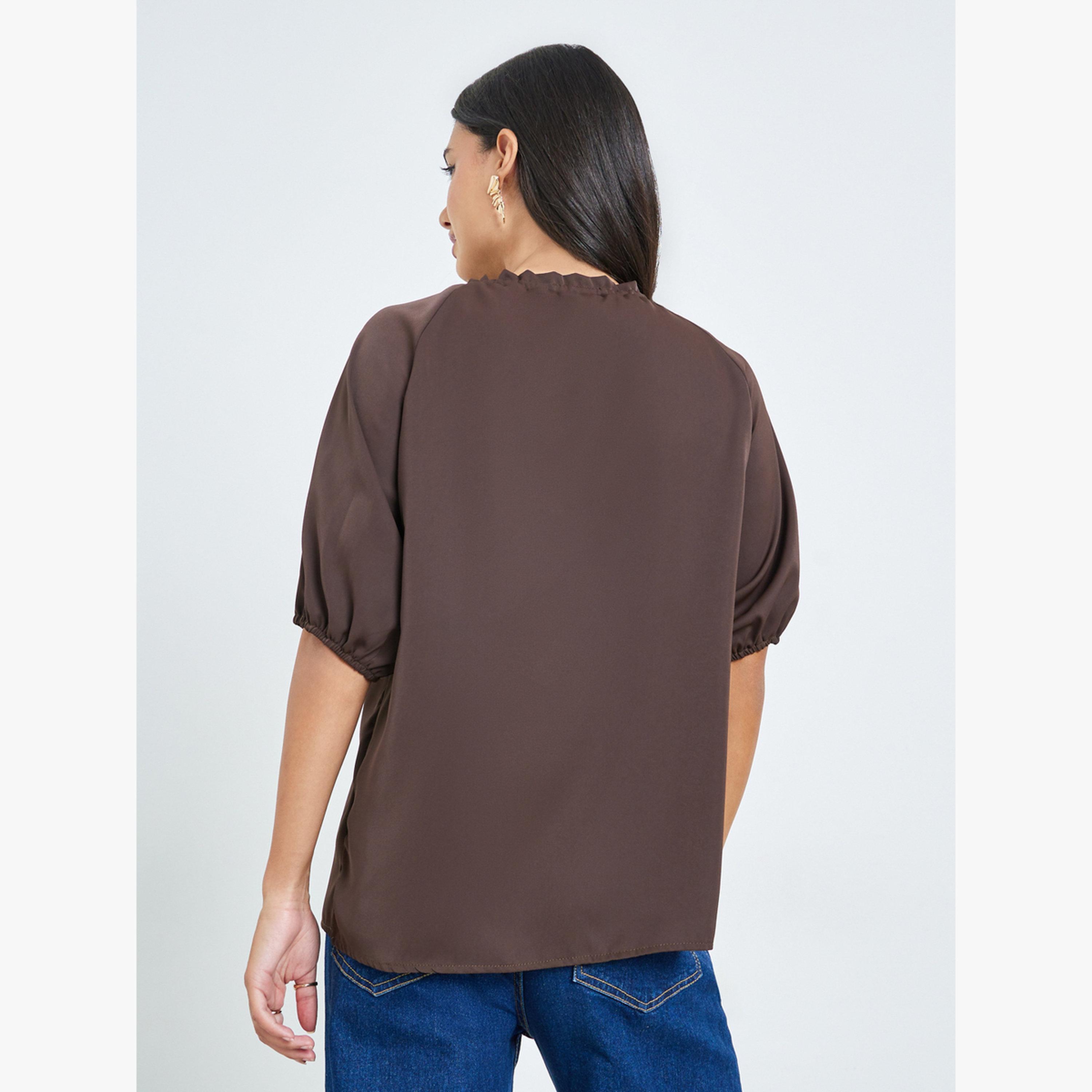 Styli Brown Solid Tie-Up Neck Blouse-women-clothing-shirtsandblouses-blouses-image-4