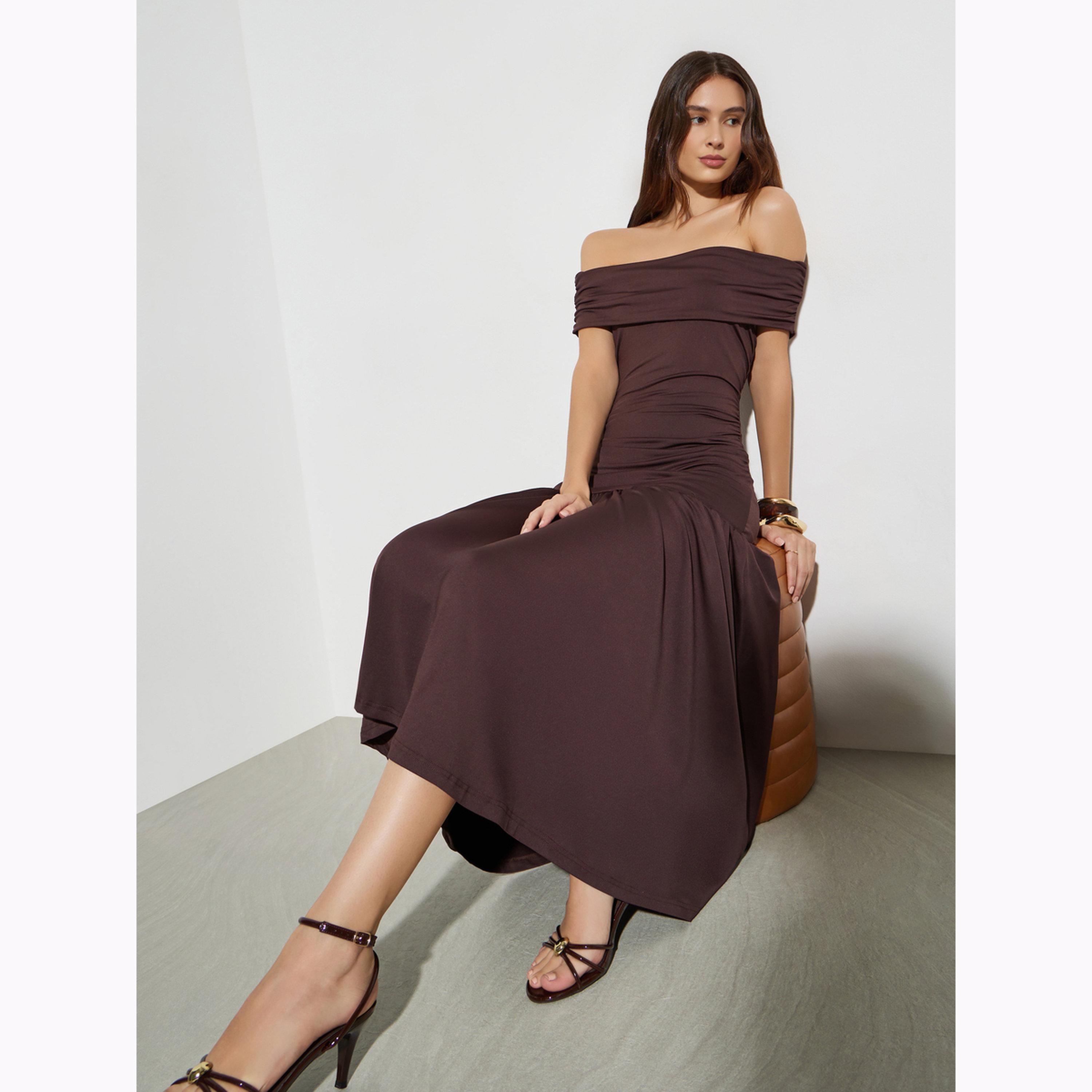 Styli Brown Off Shoulder A-Line Midi Dress-women-clothing-dresses-image-3
