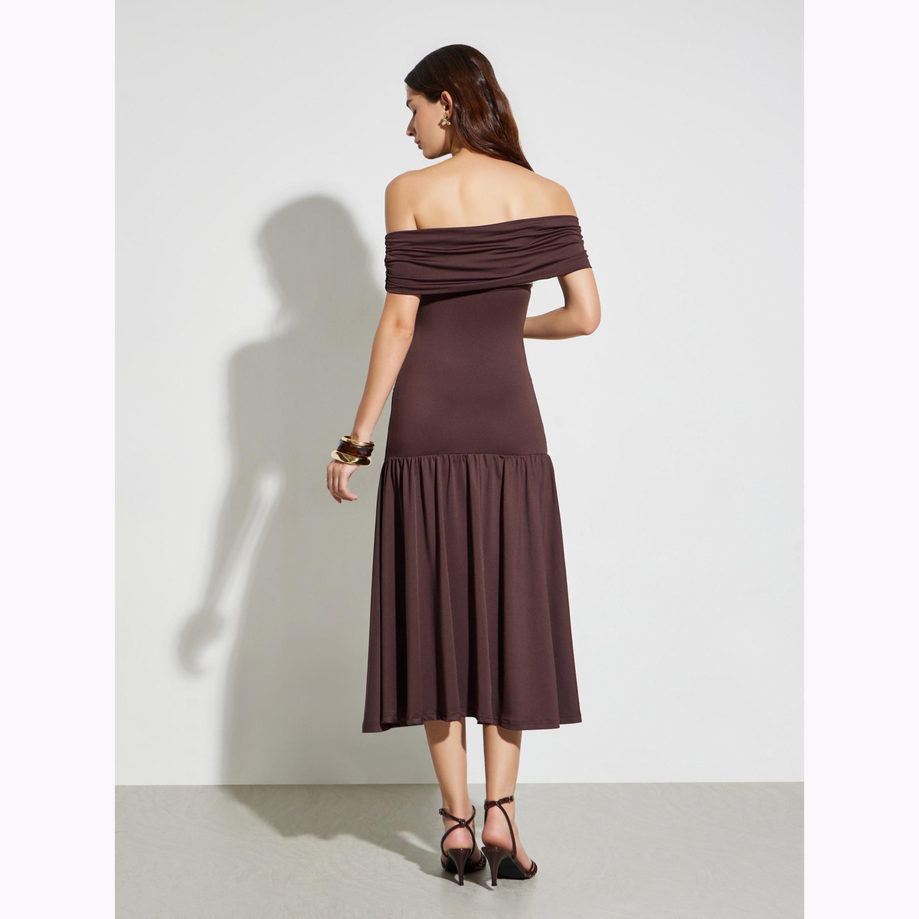 Styli Brown Off Shoulder A-Line Midi Dress-women-clothing-dresses-image-4