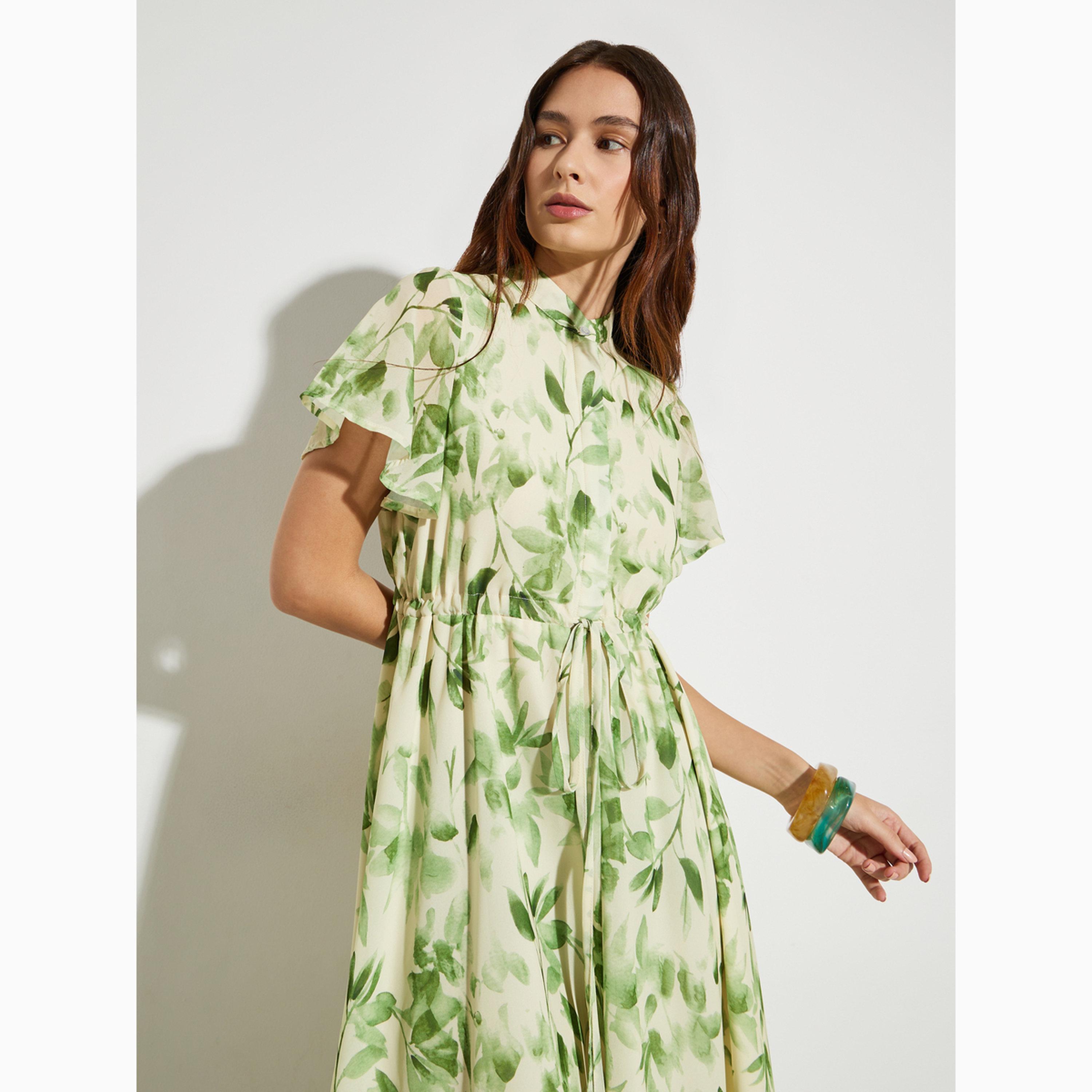 Styli Green Leaf Print Maxi Dress with Drawstring-women-clothing-dresses-image-2