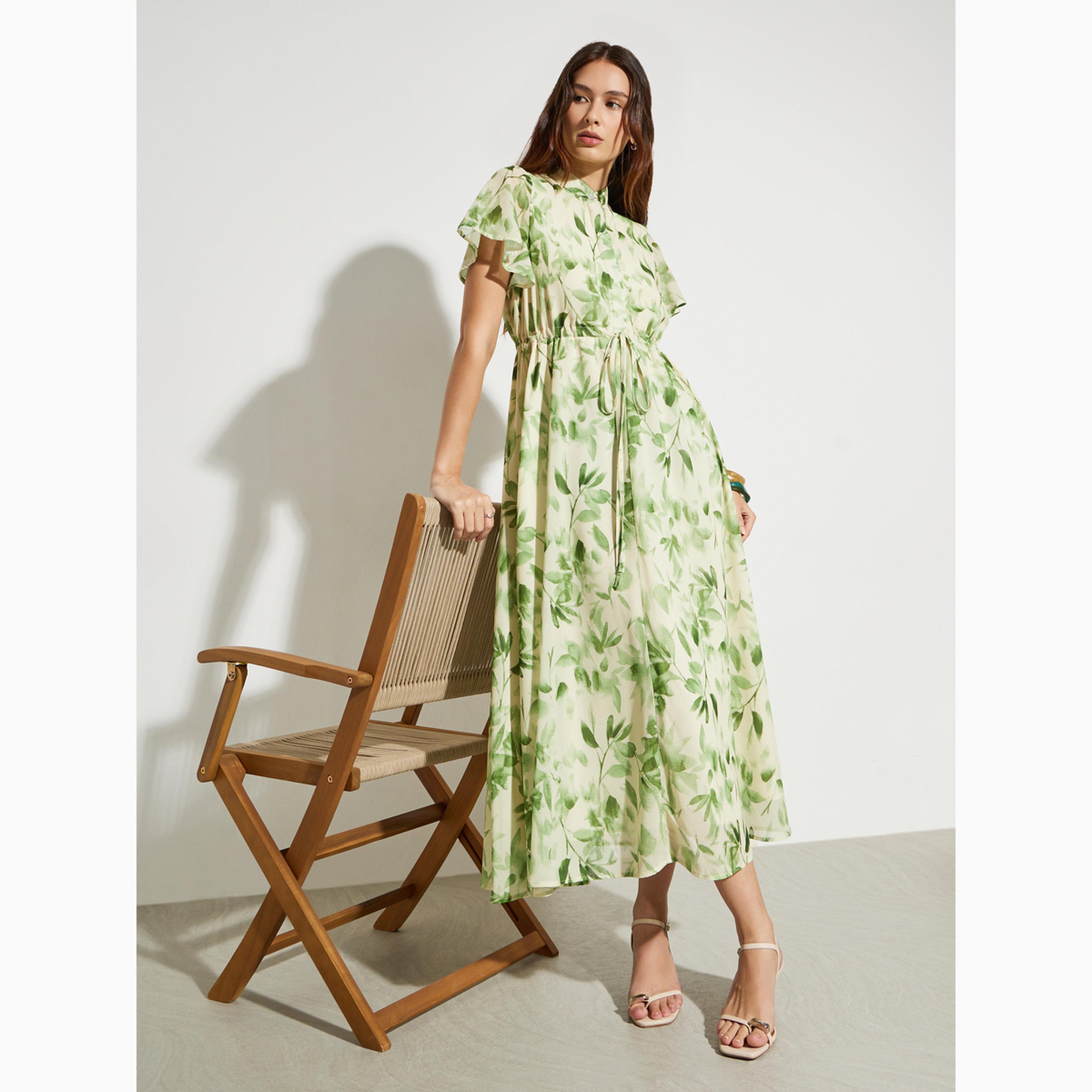 Styli Green Leaf Print Maxi Dress with Drawstring-women-clothing-dresses-image-3