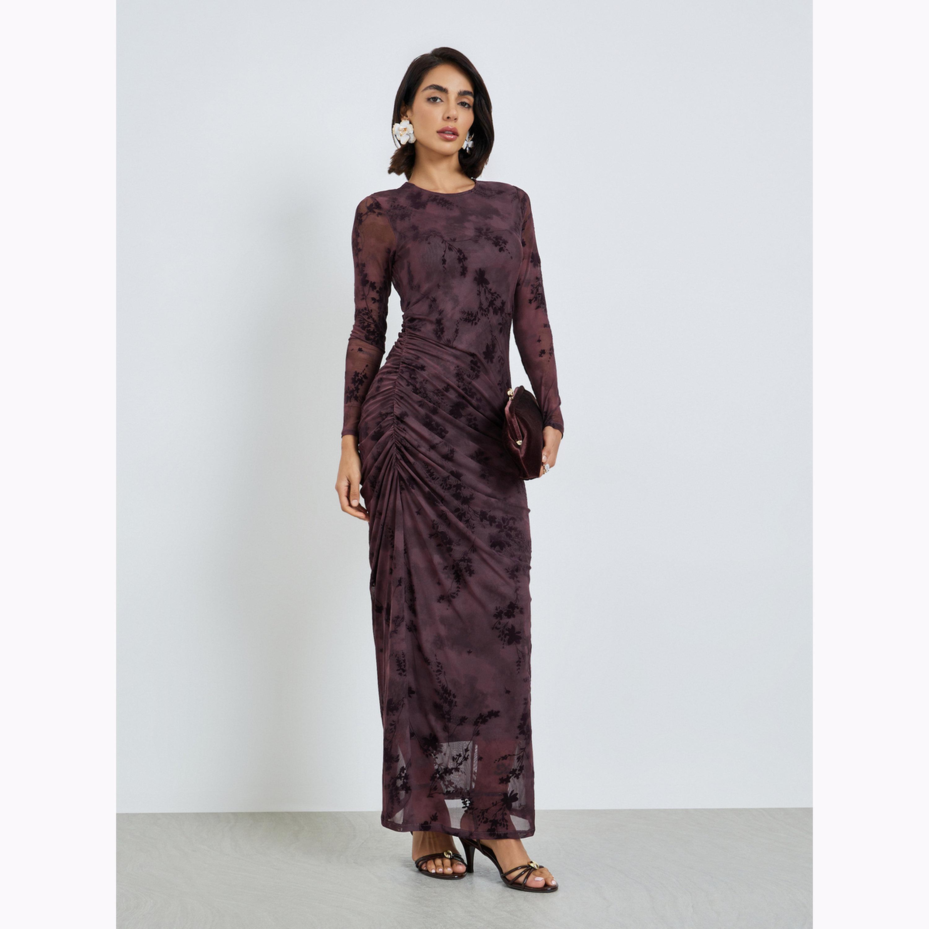 Styli Magenta Floral Mesh Bodycon Maxi Dress-women-clothing-dresses-image-1