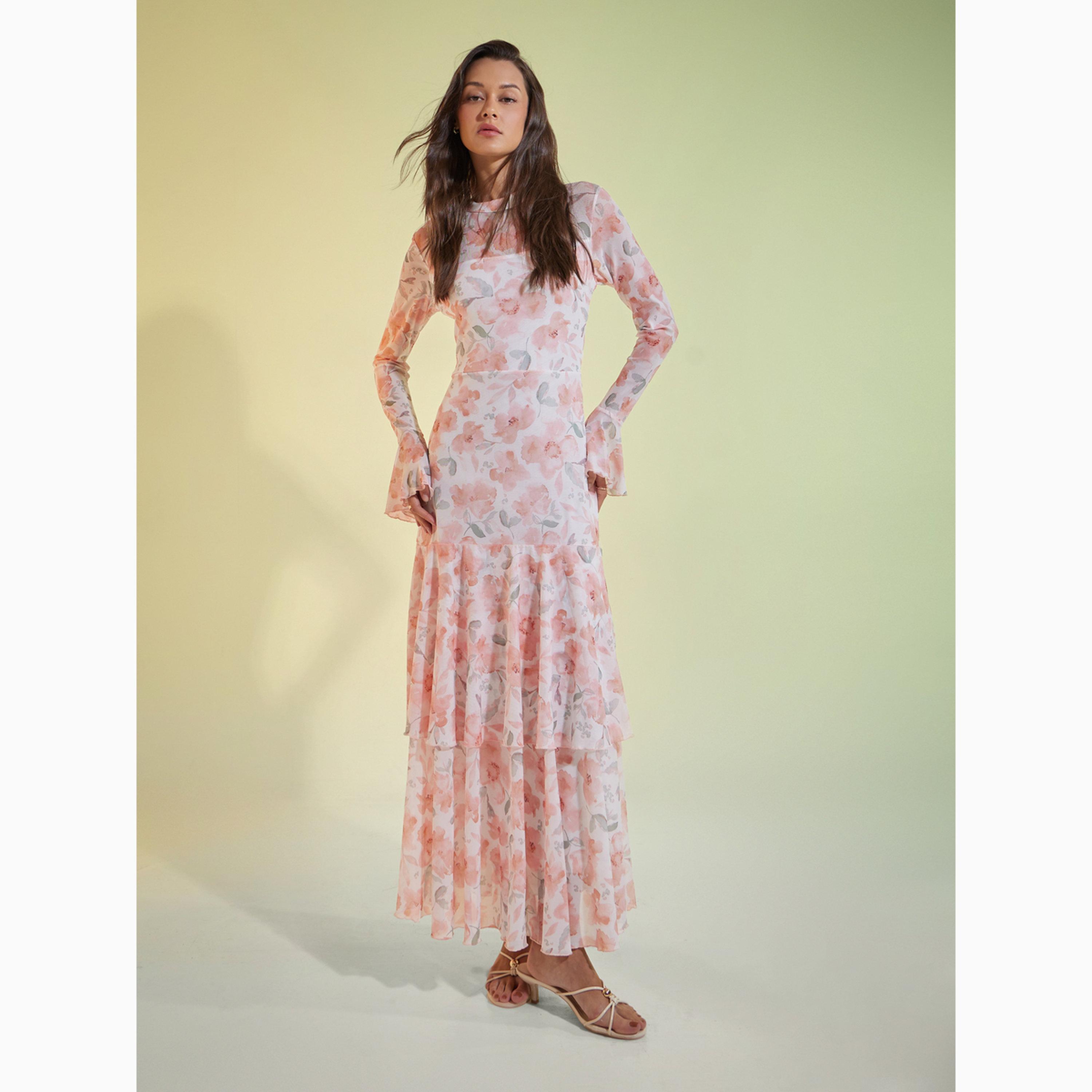 فستان طويل متعدد الطبقات بنقشة زهور خوخي-women-clothing-dresses-image-1