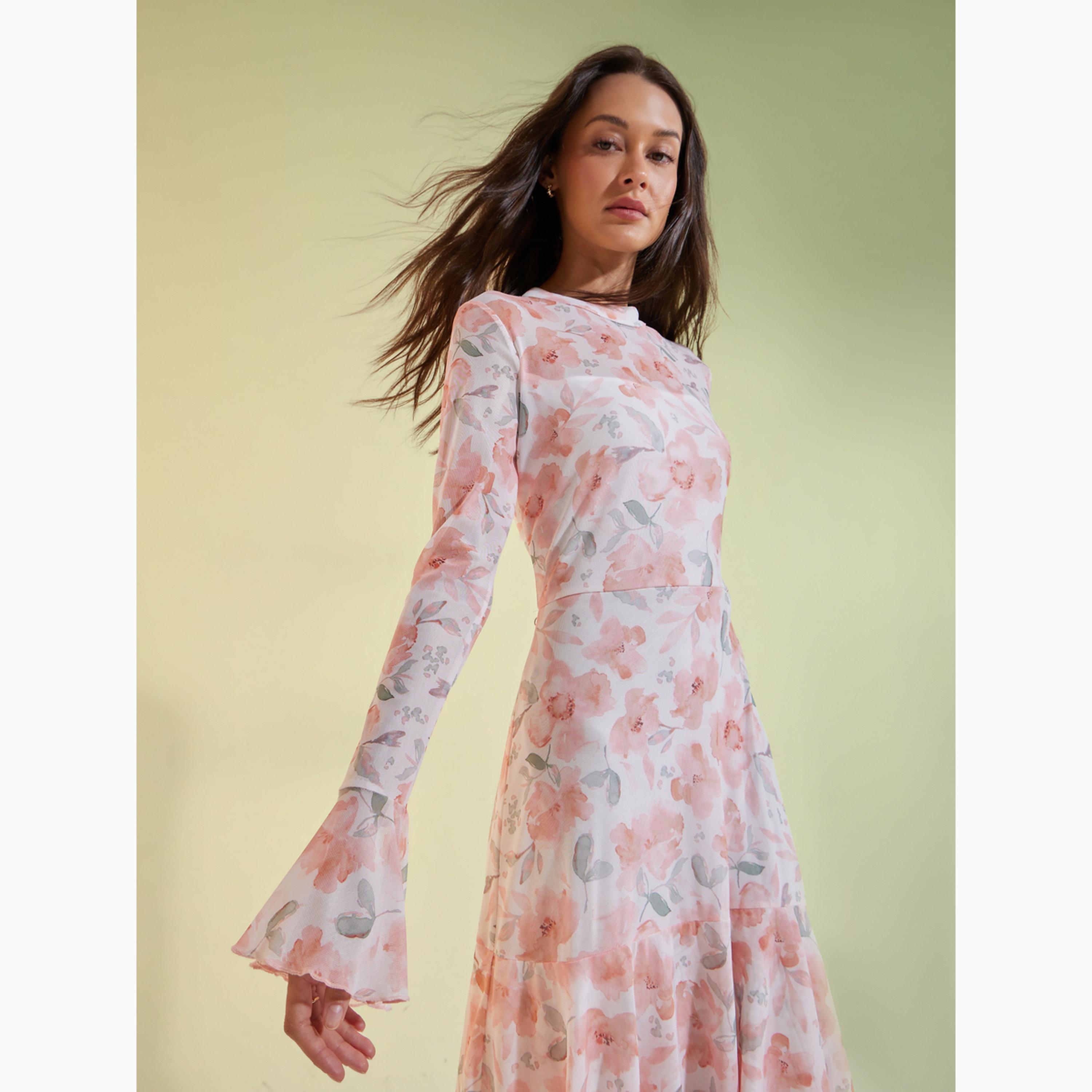 فستان طويل متعدد الطبقات بنقشة زهور خوخي-women-clothing-dresses-image-2