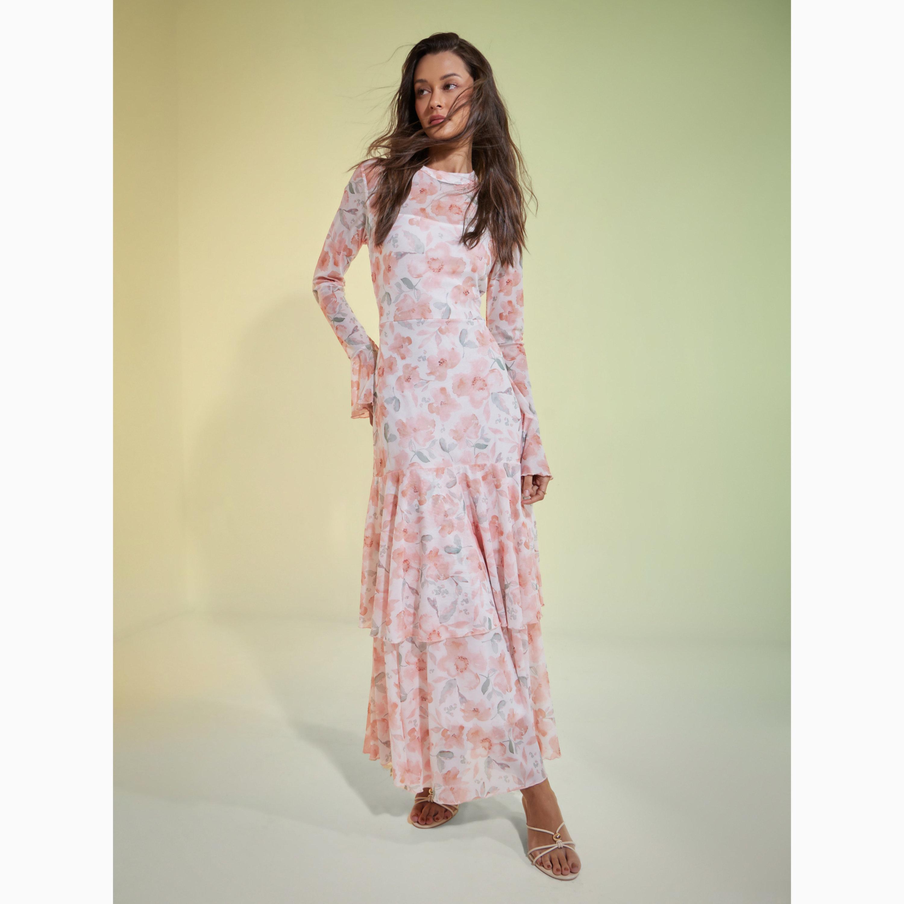 فستان طويل متعدد الطبقات بنقشة زهور خوخي-women-clothing-dresses-image-3