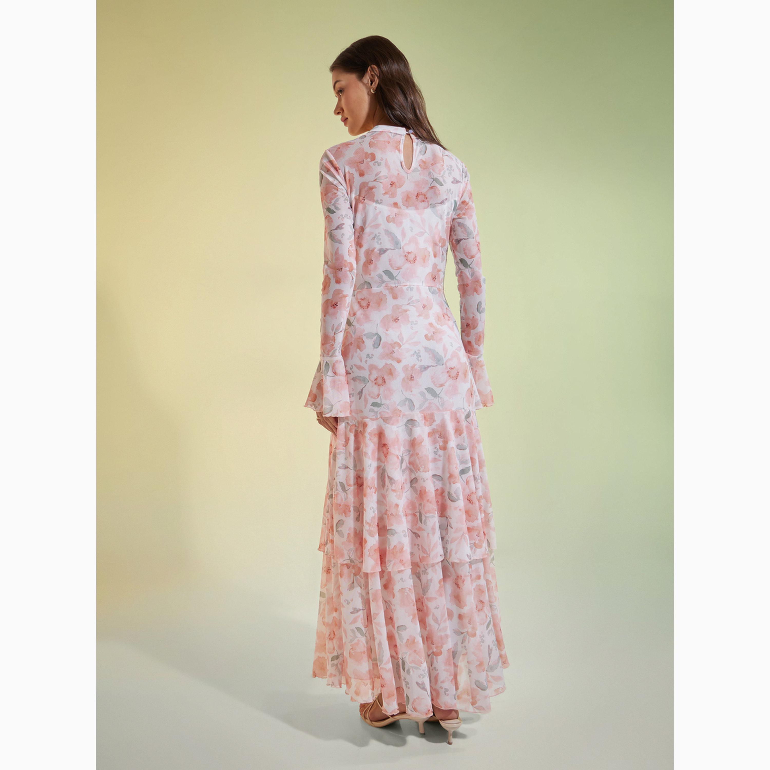 فستان طويل متعدد الطبقات بنقشة زهور خوخي-women-clothing-dresses-image-4