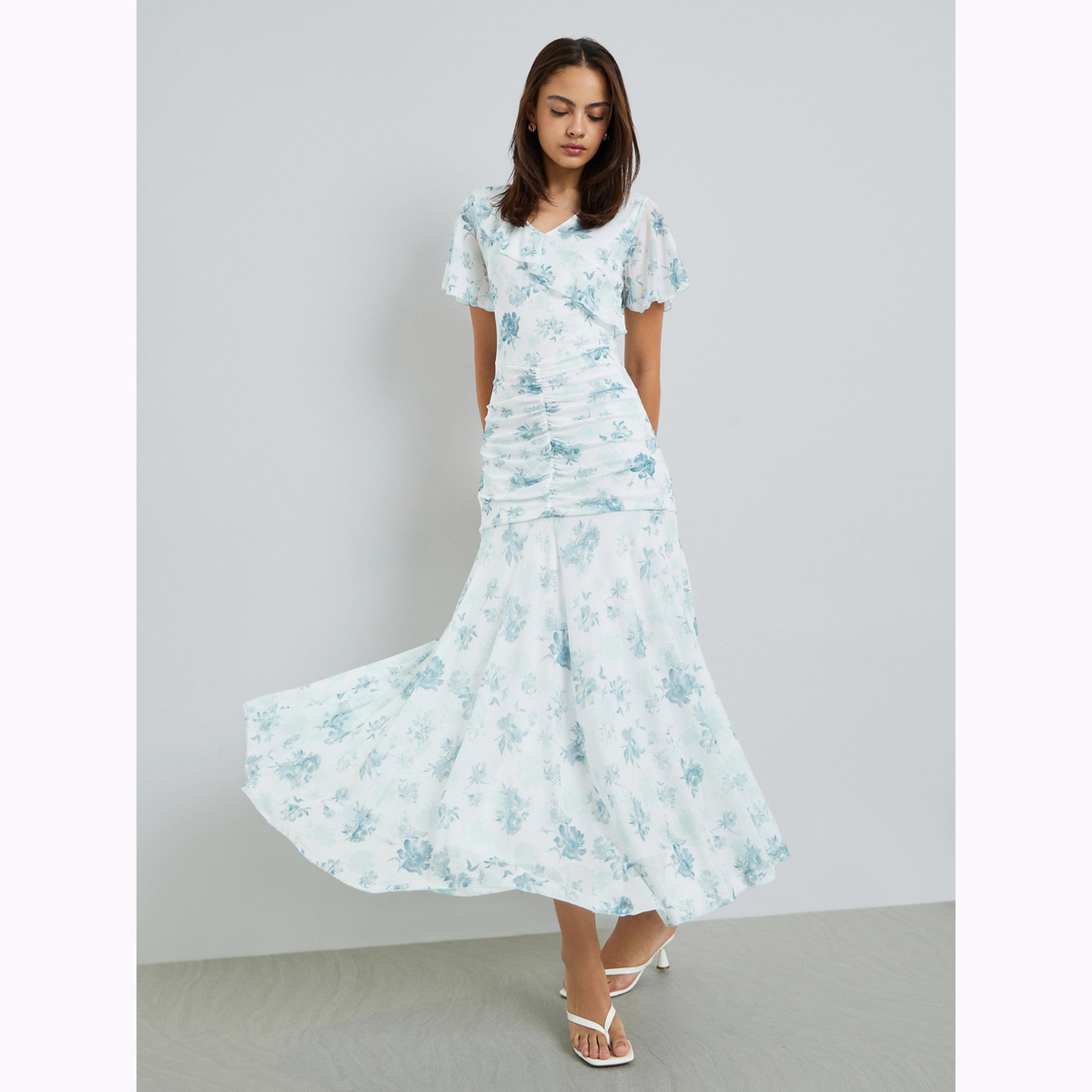 Styli White Floral Mesh Gathered Maxi Dress-women-clothing-dresses-image-1
