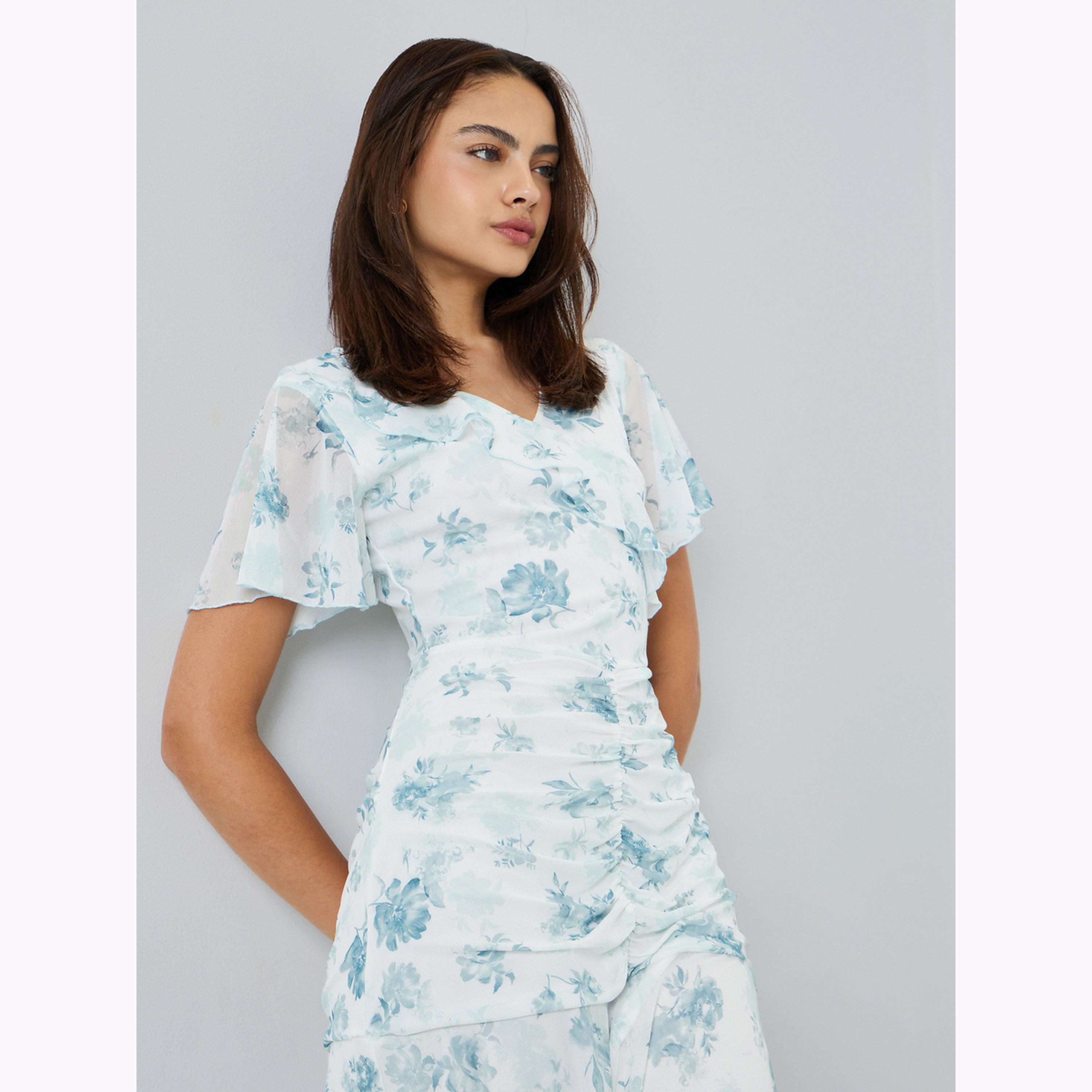 Styli White Floral Mesh Gathered Maxi Dress-women-clothing-dresses-image-2