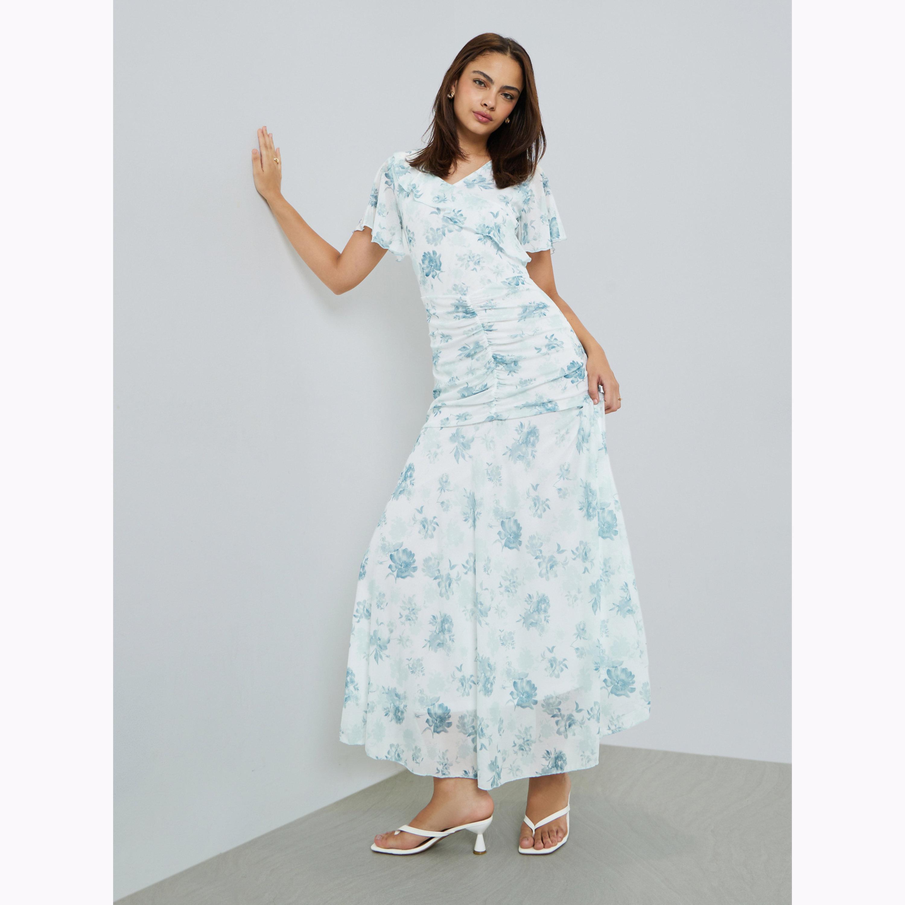 Styli White Floral Mesh Gathered Maxi Dress-women-clothing-dresses-image-3
