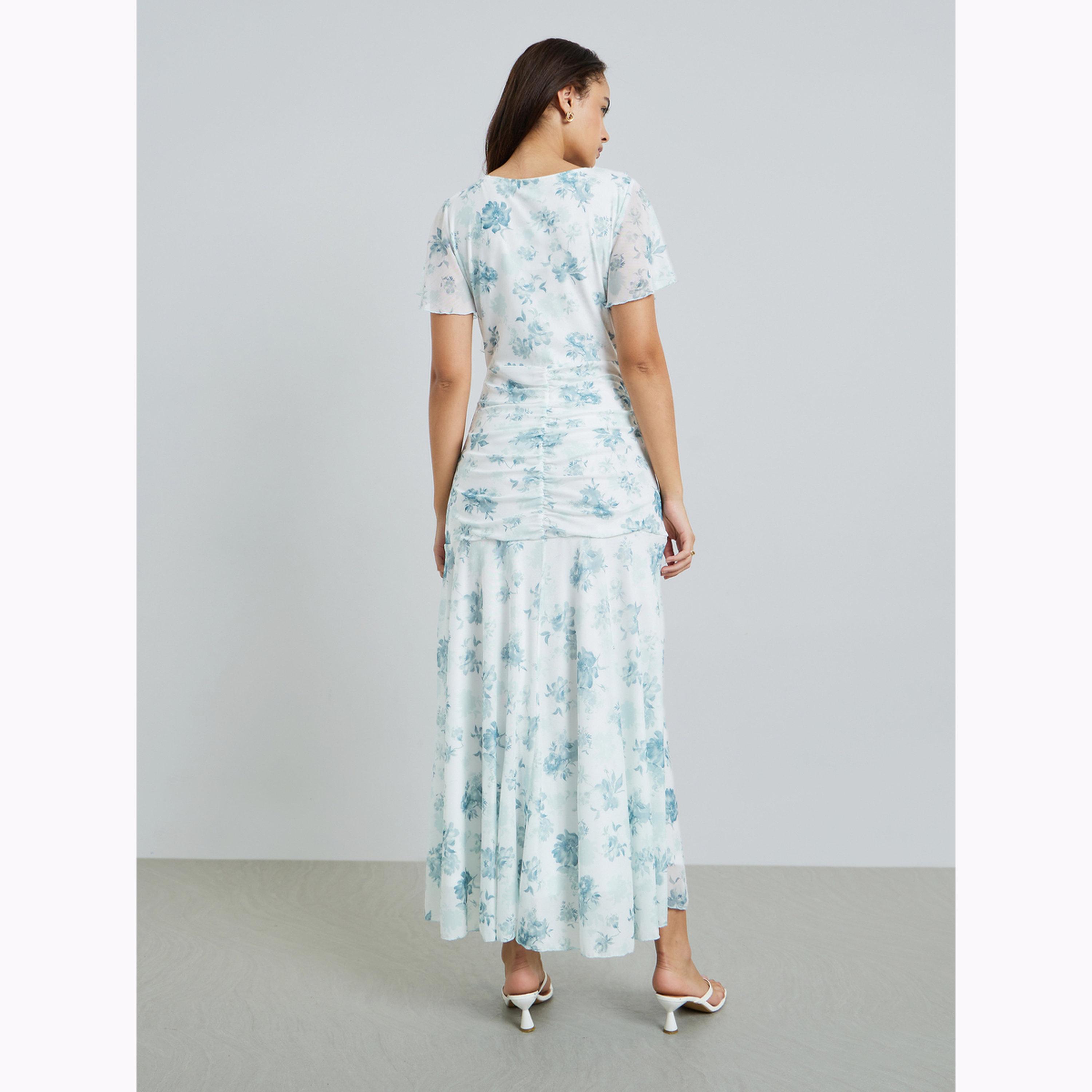 Styli White Floral Mesh Gathered Maxi Dress-women-clothing-dresses-image-4