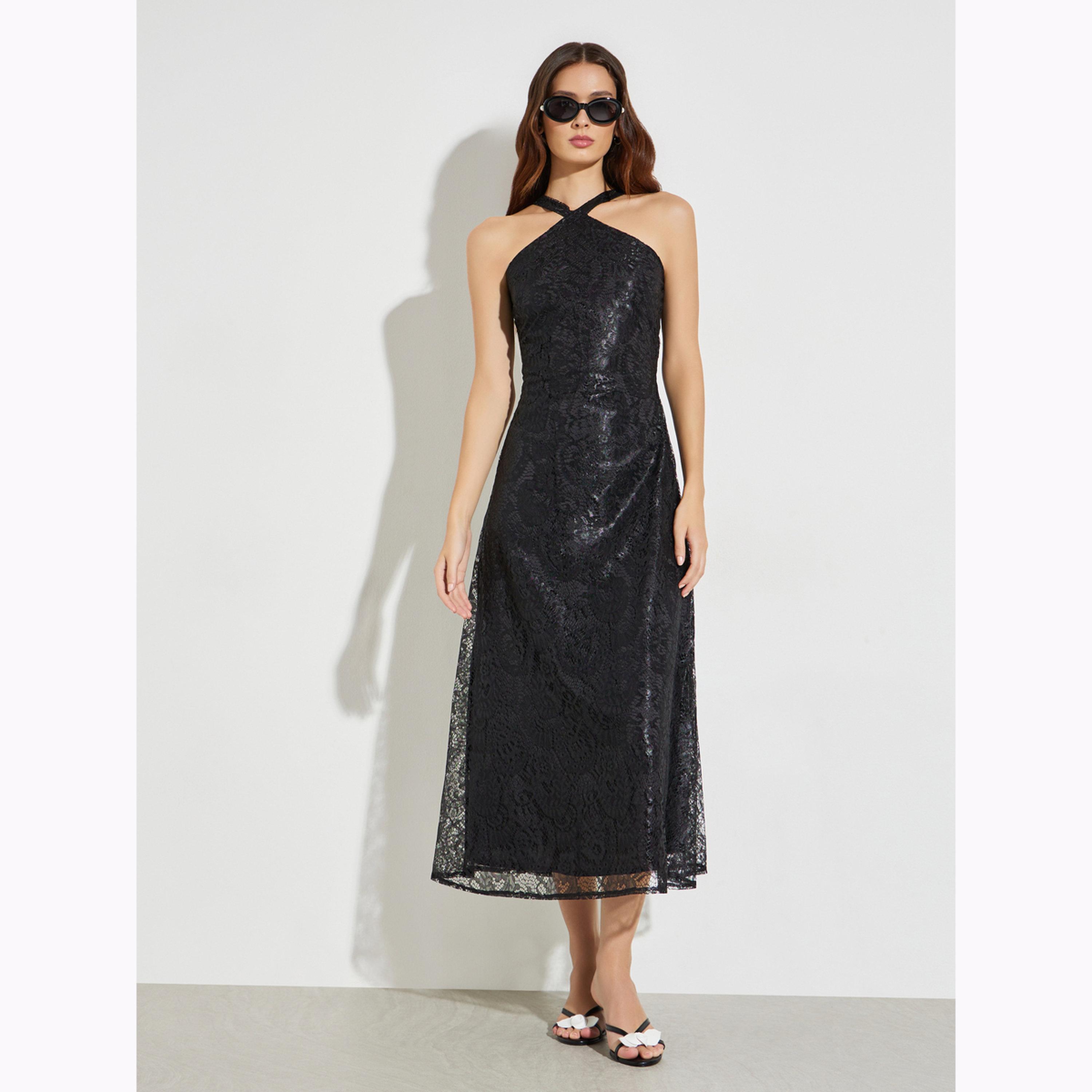 Styli Black Lace Halter Neck A-Line Maxi Dress-women-clothing-dresses-image-1