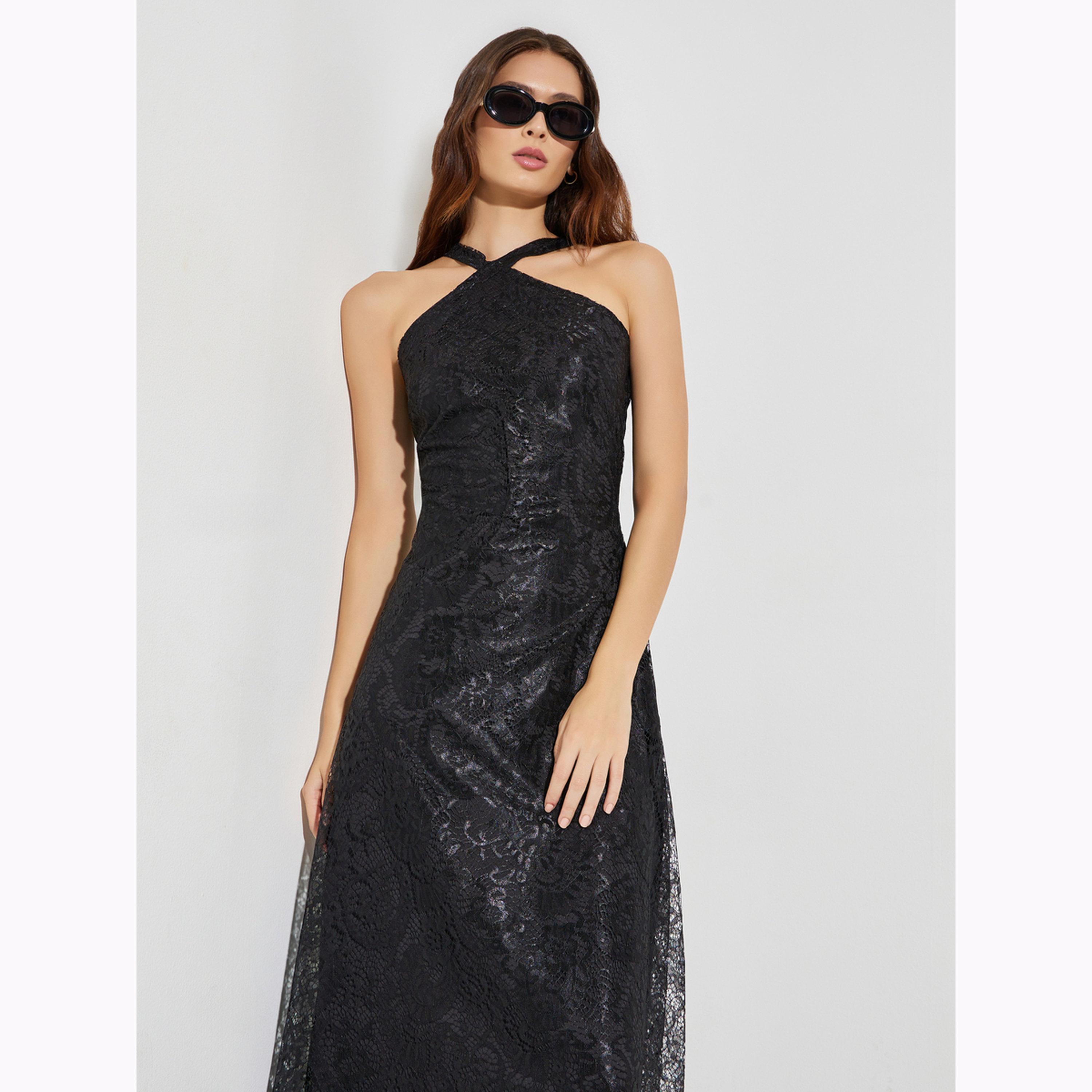 فستان طويل بحافة واسعة بياقة هولتر دانتيل-women-clothing-dresses-image-3