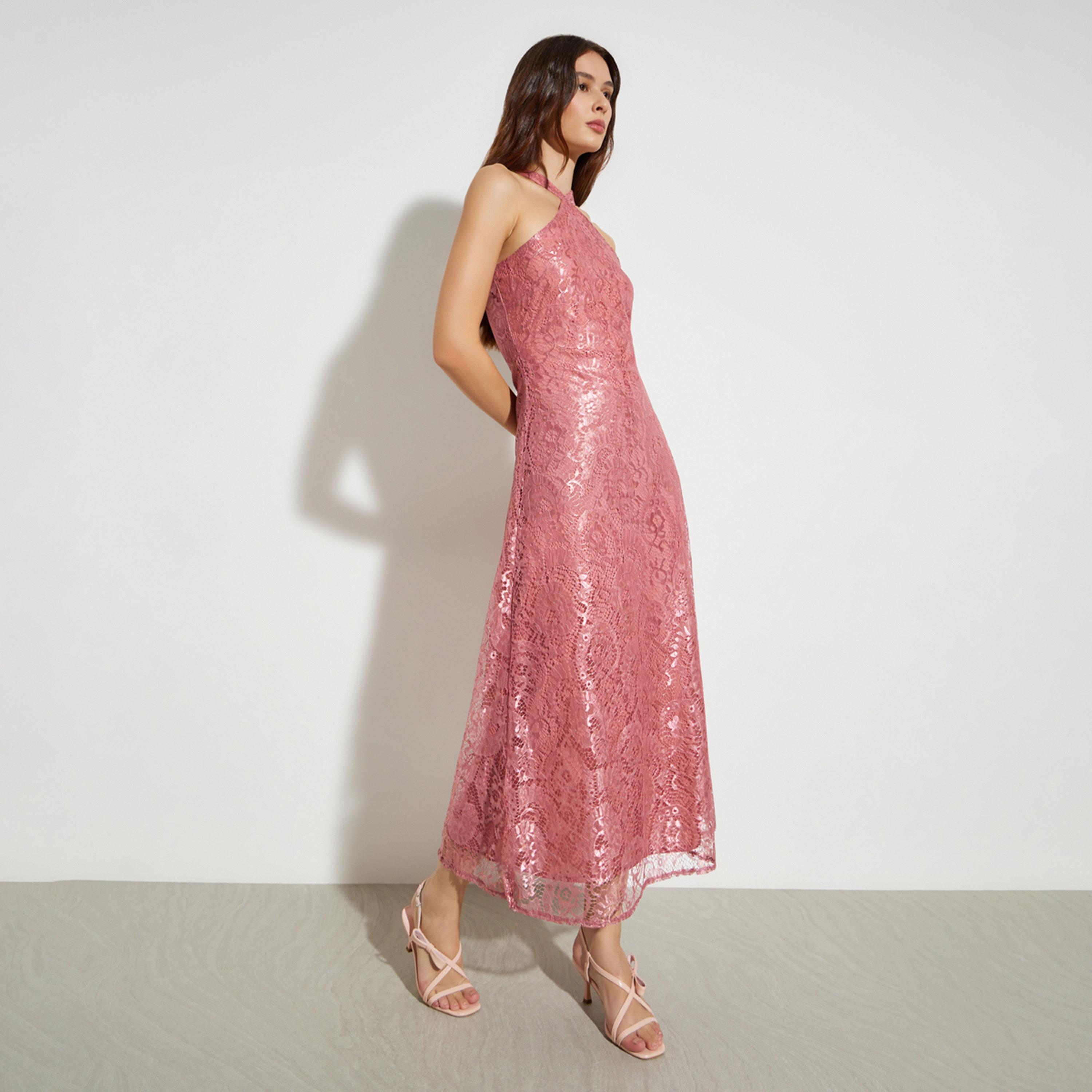 فستان طويل بحافة واسعة بياقة هولتر دانتيل-women-clothing-dresses-image-1