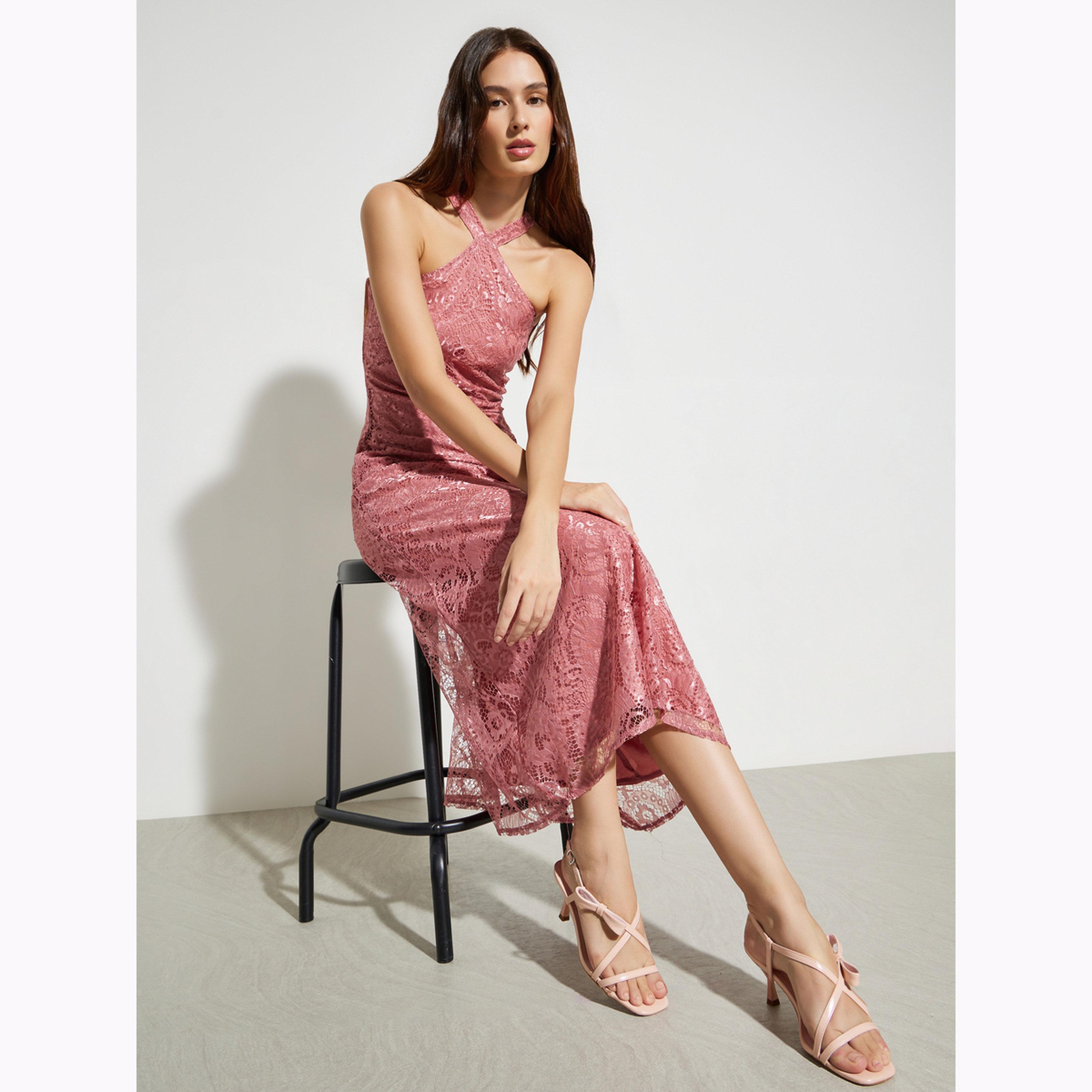 فستان طويل بحافة واسعة بياقة هولتر دانتيل-women-clothing-dresses-image-2