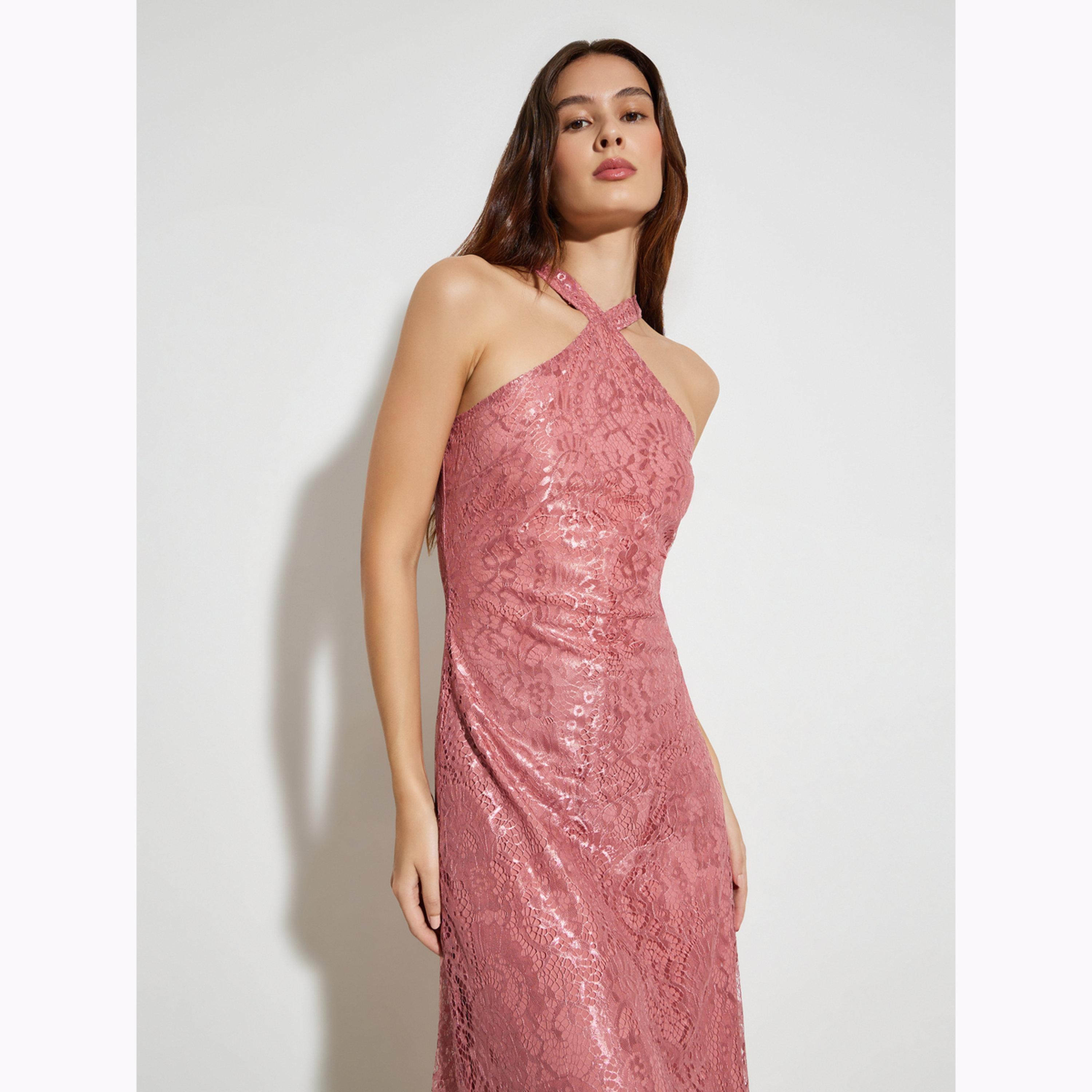 Styli Pink Lace Halter Neck A-Line Maxi Dress-women-clothing-dresses-image-3