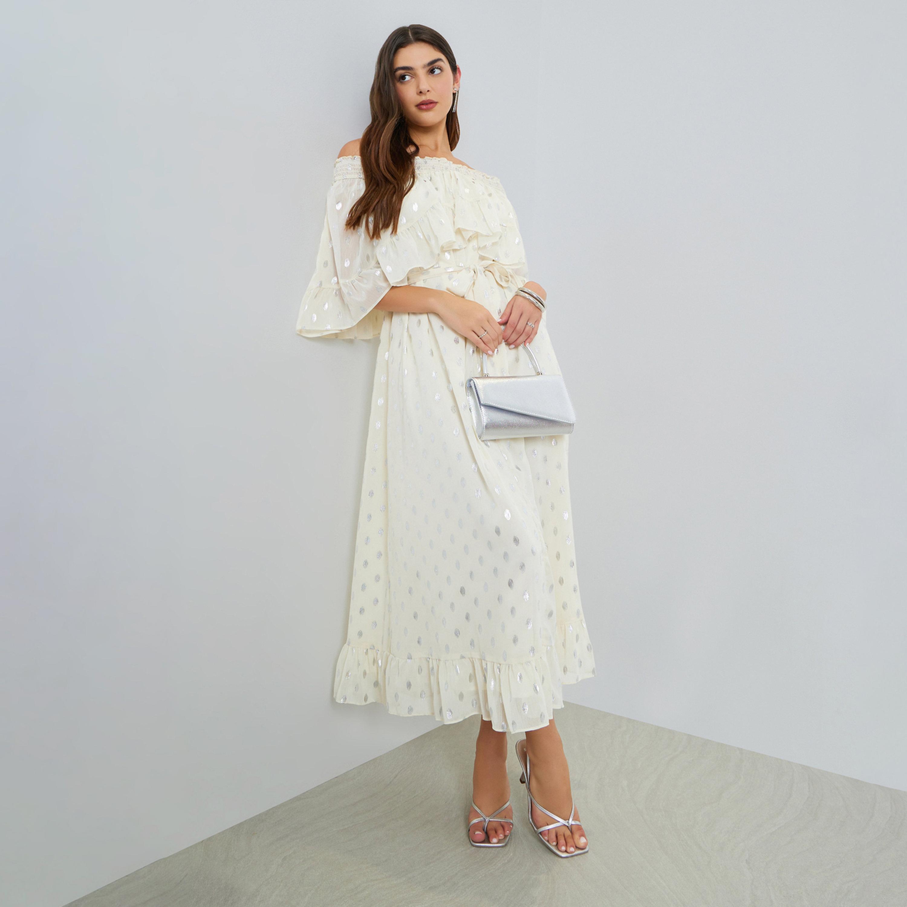 فستان طويل مكشوف الكتفين وبطبعة رقائق معدنية-women-clothing-dresses-image-1