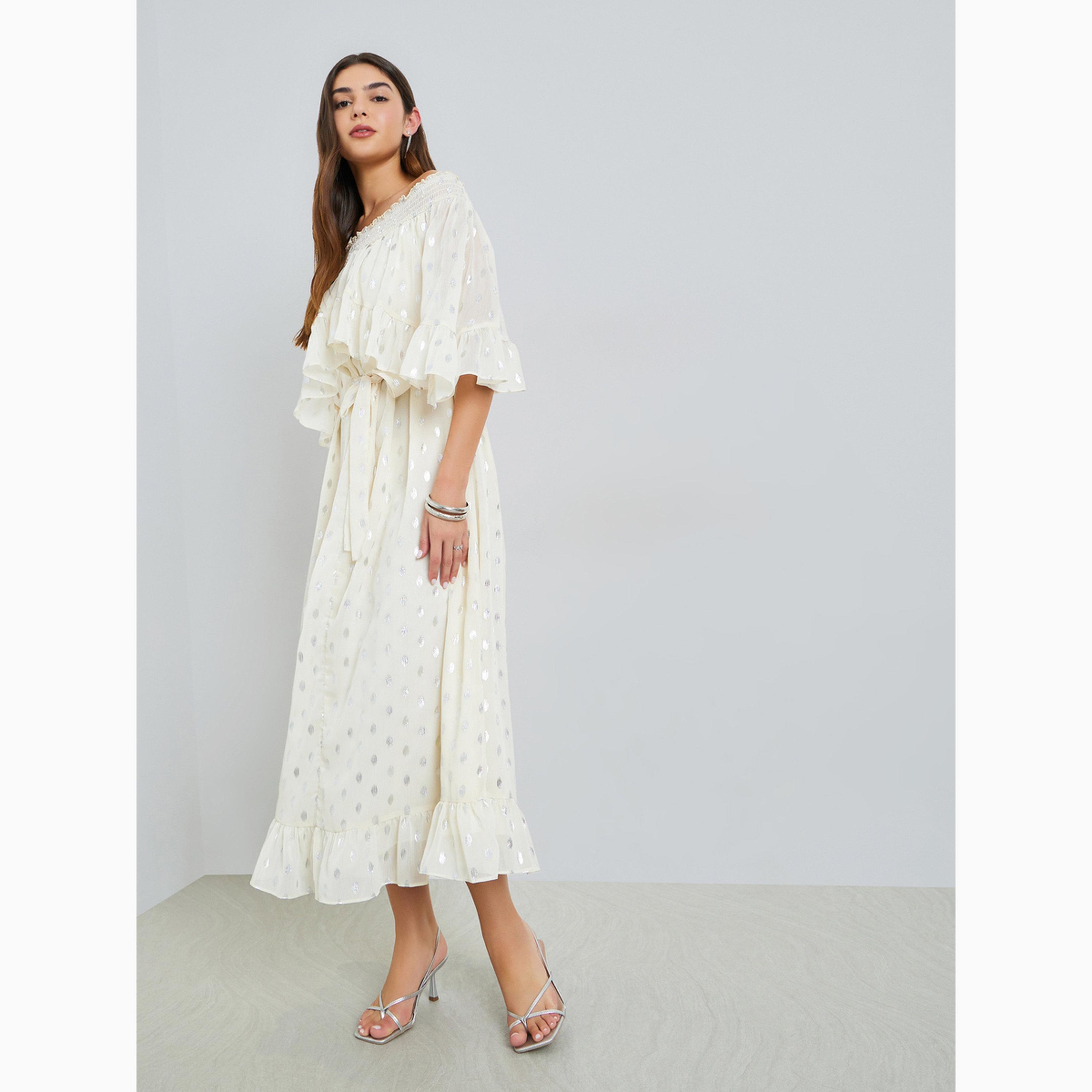 فستان طويل مكشوف الكتفين وبطبعة رقائق معدنية-women-clothing-dresses-image-2