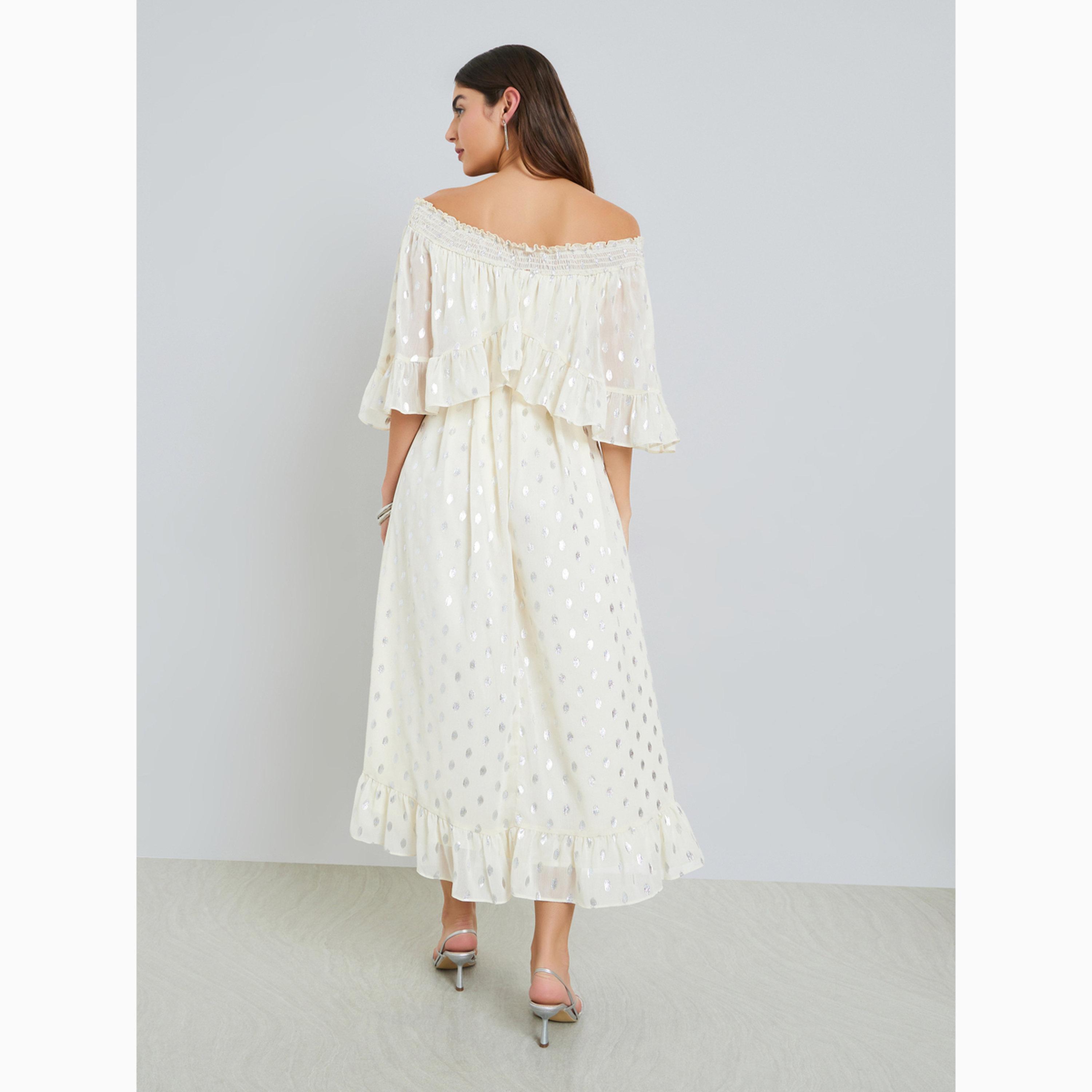 فستان طويل مكشوف الكتفين وبطبعة رقائق معدنية-women-clothing-dresses-image-4