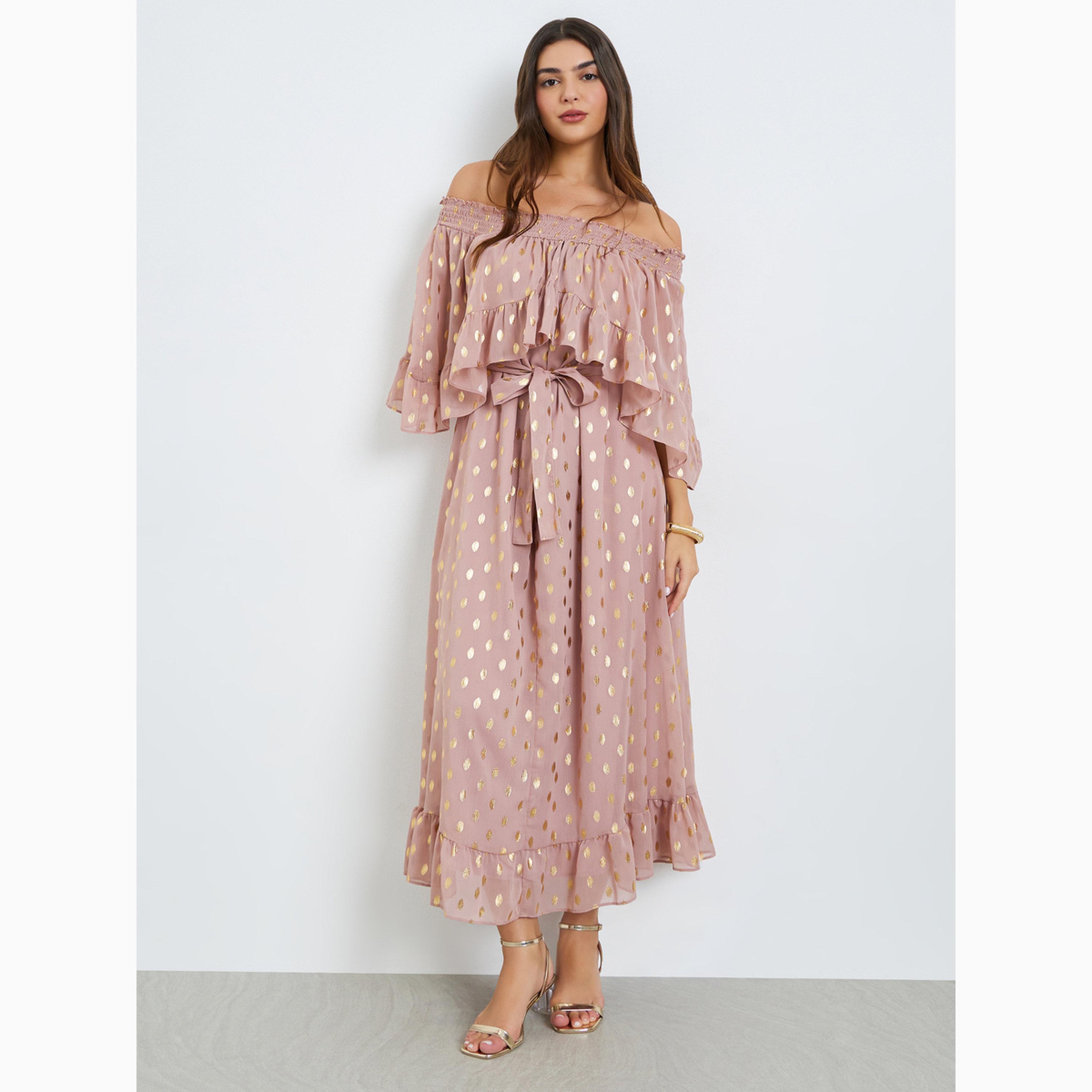 فستان طويل مكشوف الكتفين وبطبعة رقائق معدنية-women-clothing-dresses-image-1