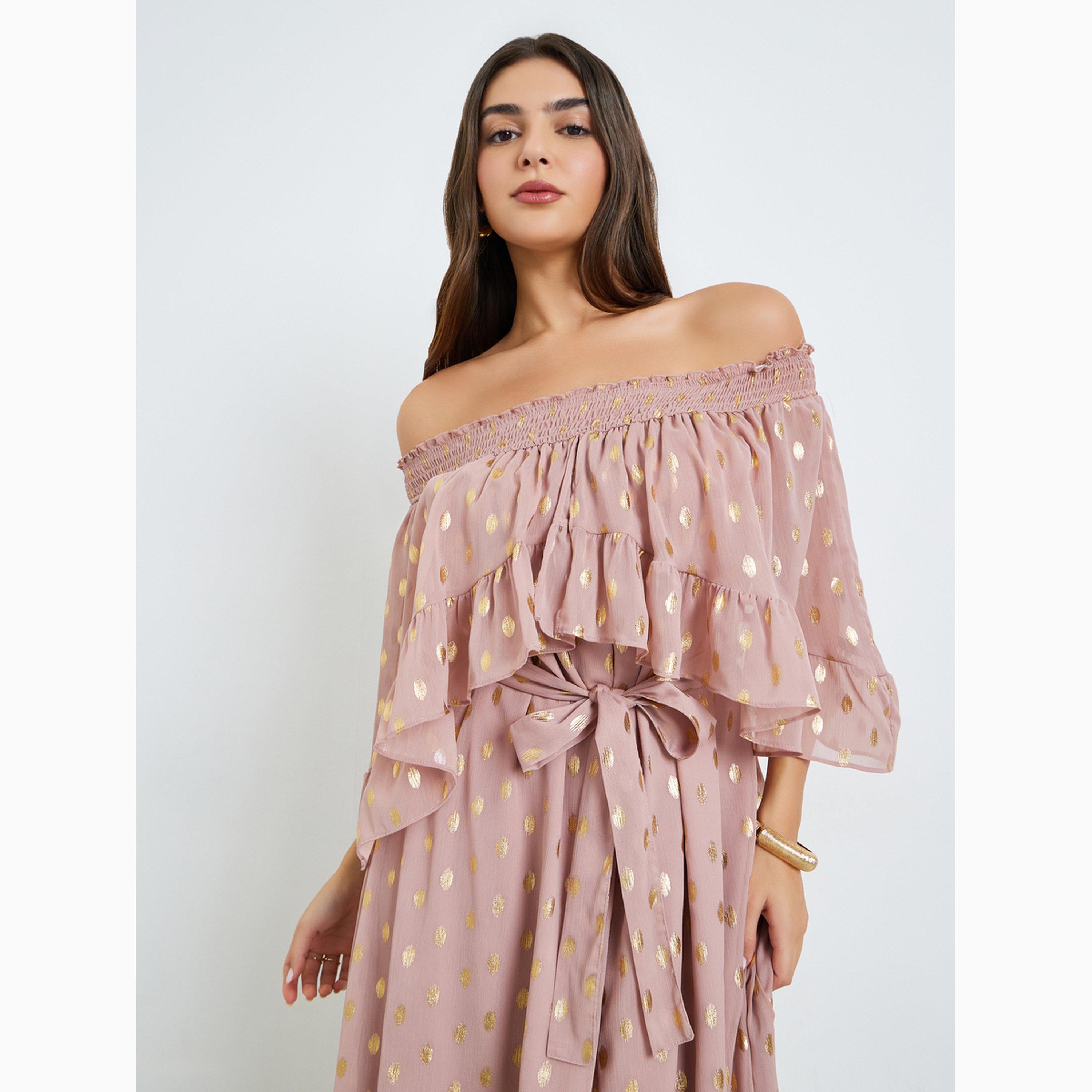 فستان طويل مكشوف الكتفين وبطبعة رقائق معدنية-women-clothing-dresses-image-2
