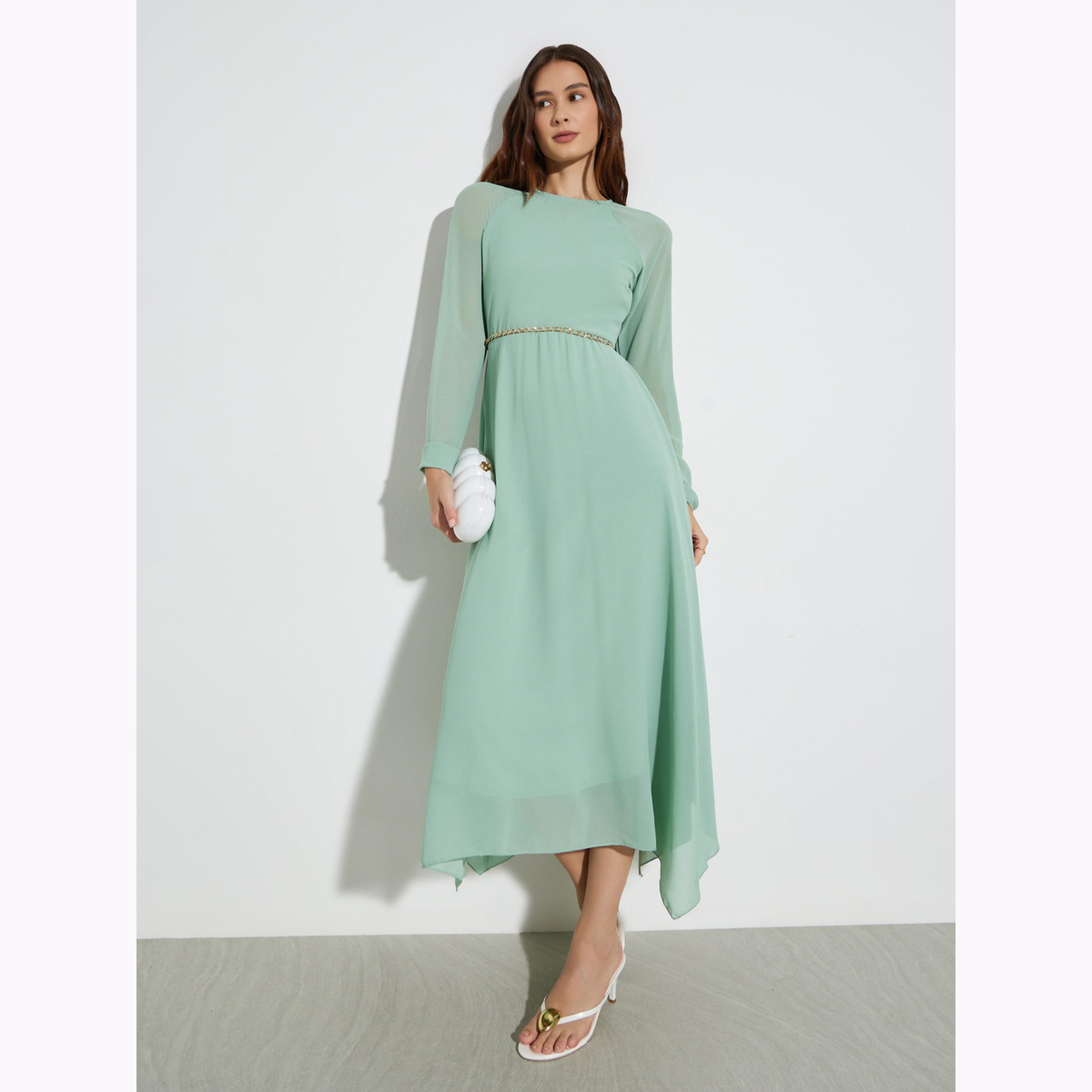 Styli Green A-Line Maxi Dress with Waist Chain-women-clothing-dresses-image-1