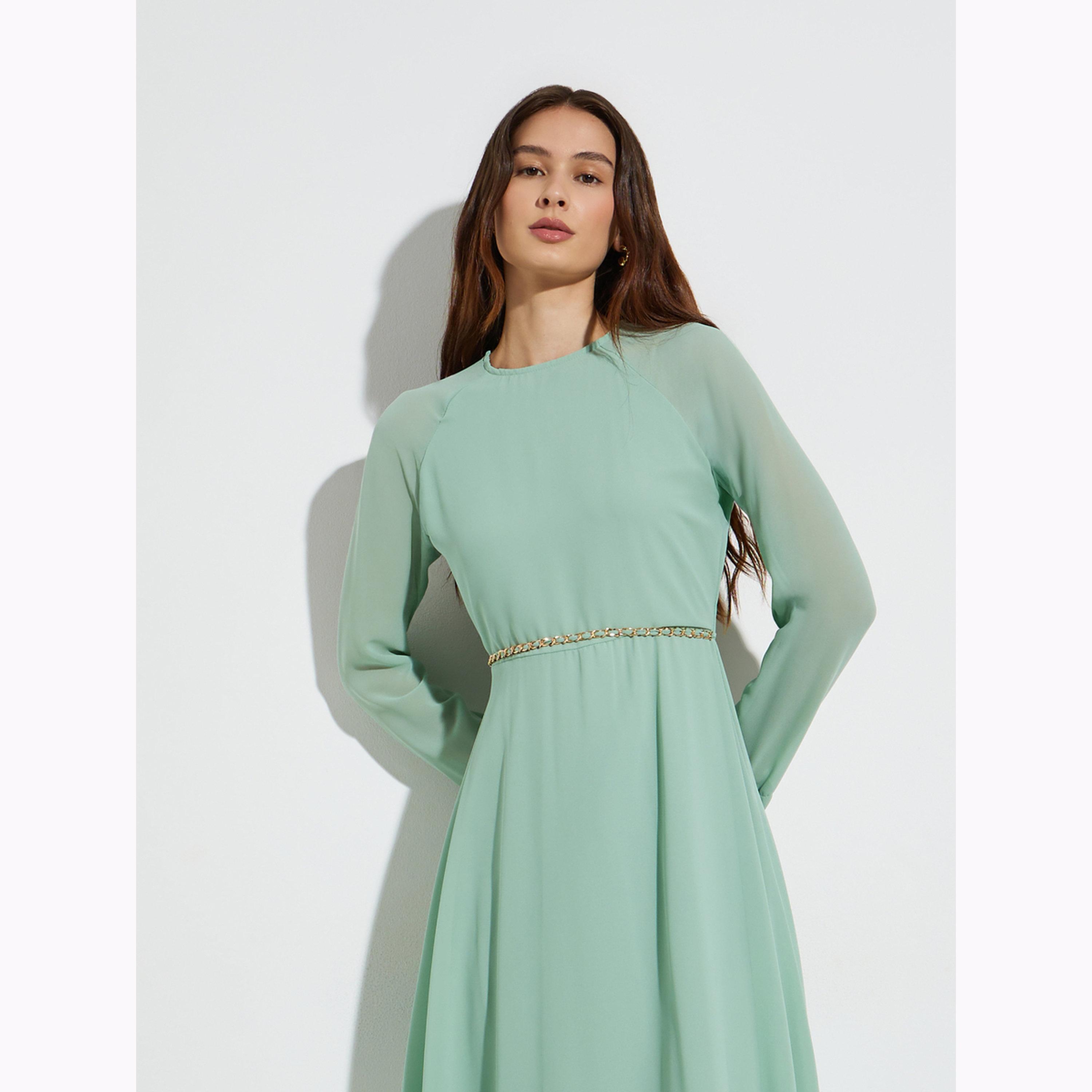 Styli Green A-Line Maxi Dress with Waist Chain-women-clothing-dresses-image-2