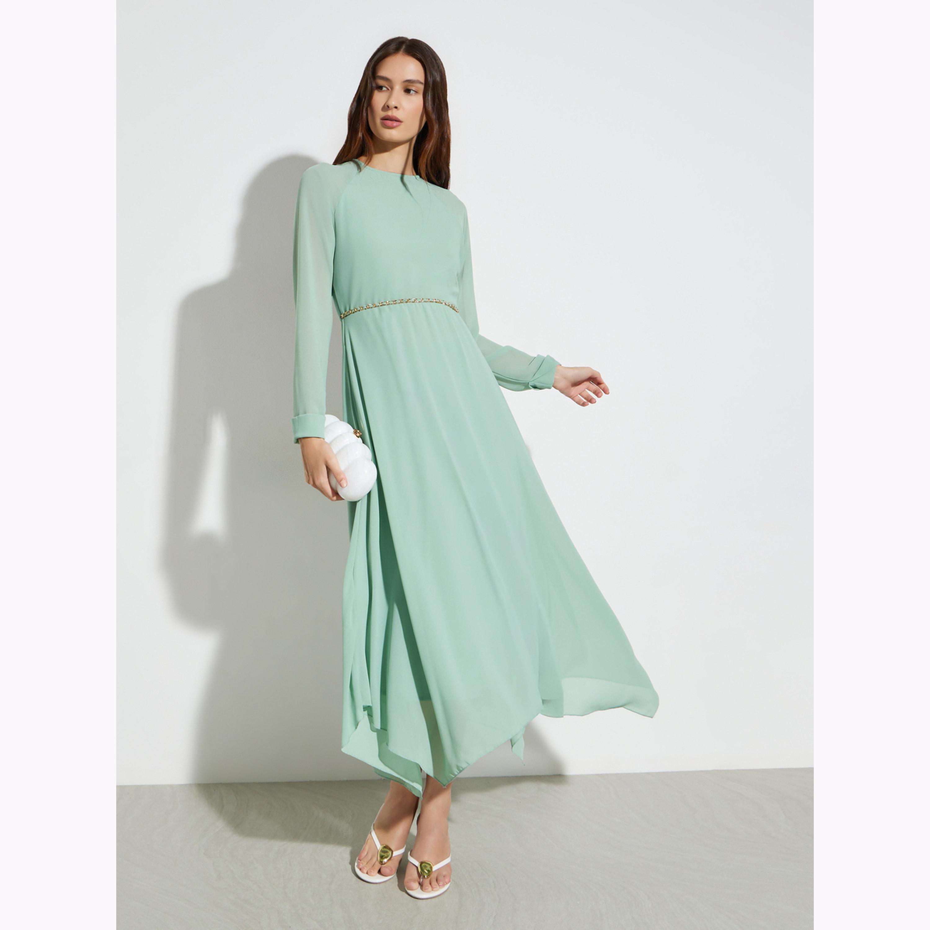 Styli Green A-Line Maxi Dress with Waist Chain-women-clothing-dresses-image-3