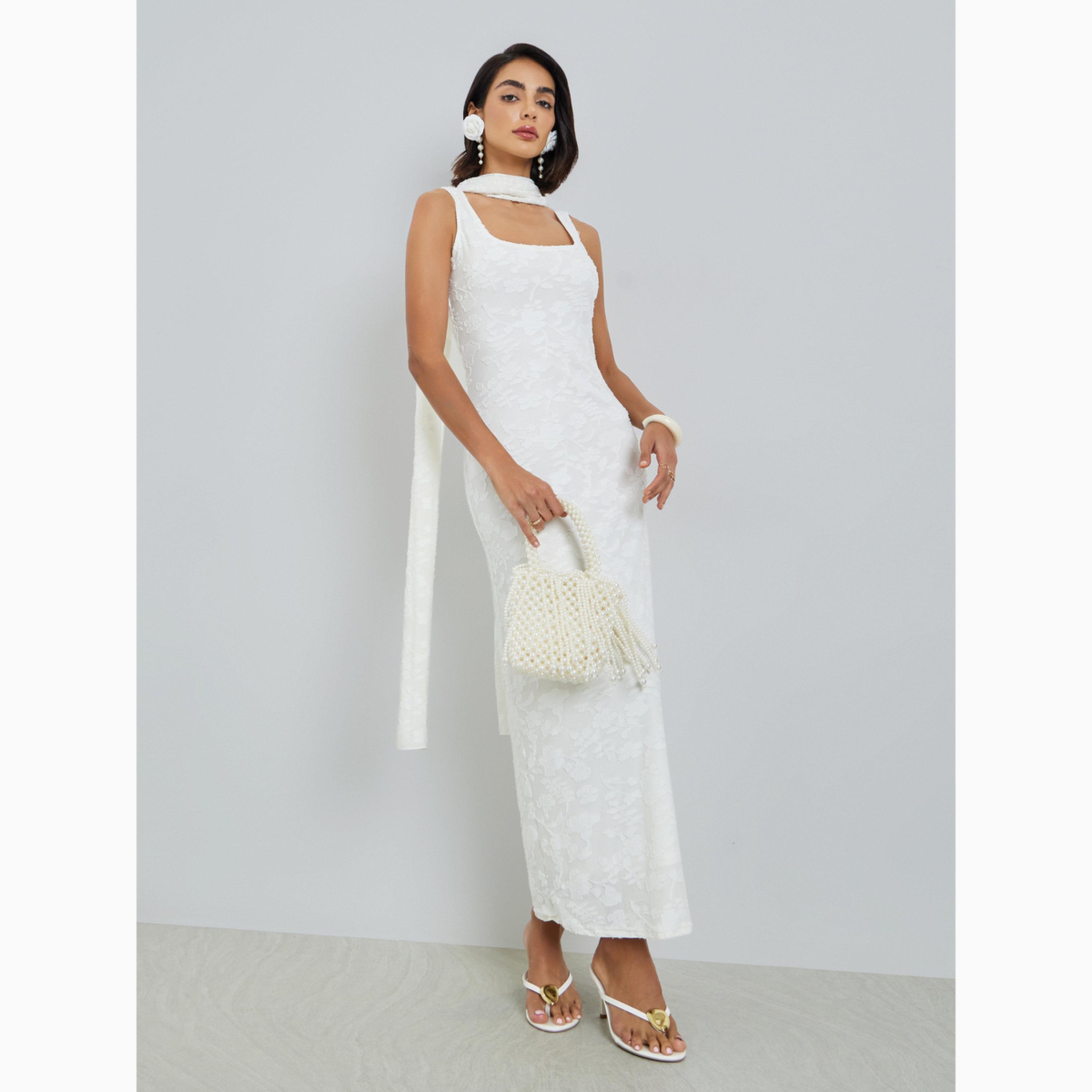 فستان طويل بلا أكمام بنقشة بارزة مع وشاح-women-clothing-dresses-image-1