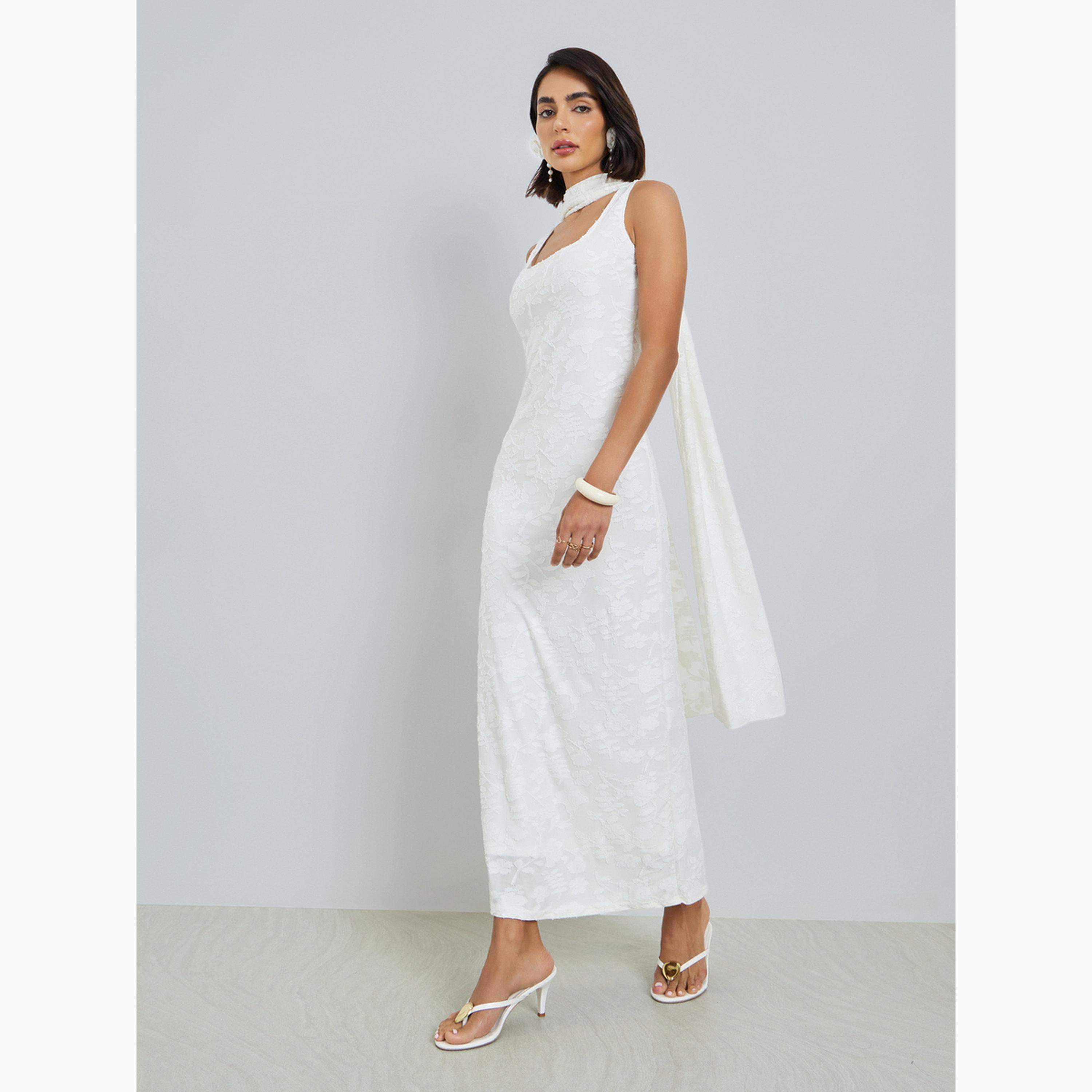 Styli White Self-Design Sleeveless Maxi Dress with Scarf-women-clothing-dresses-image-3