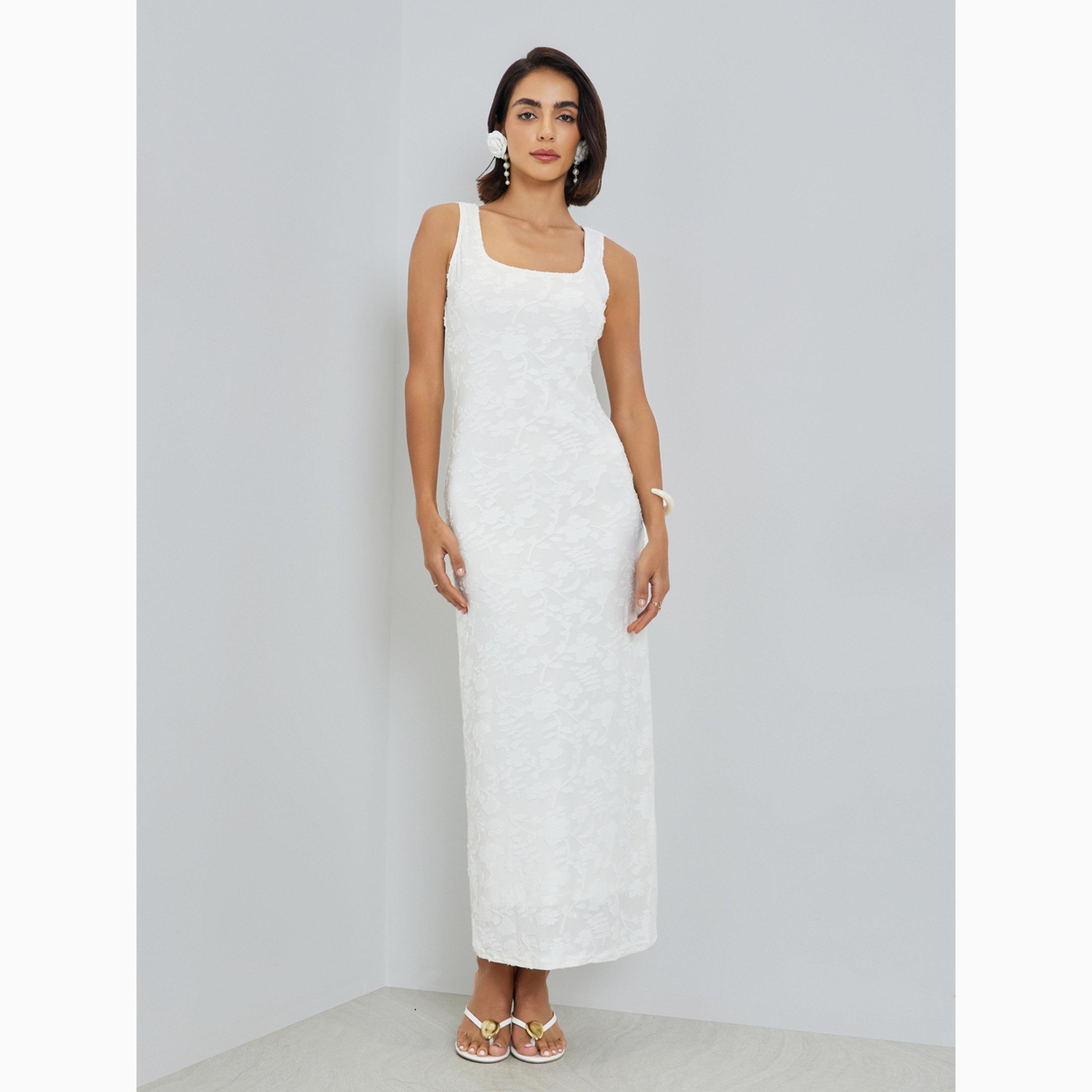Styli White Self-Design Sleeveless Maxi Dress with Scarf-women-clothing-dresses-image-4