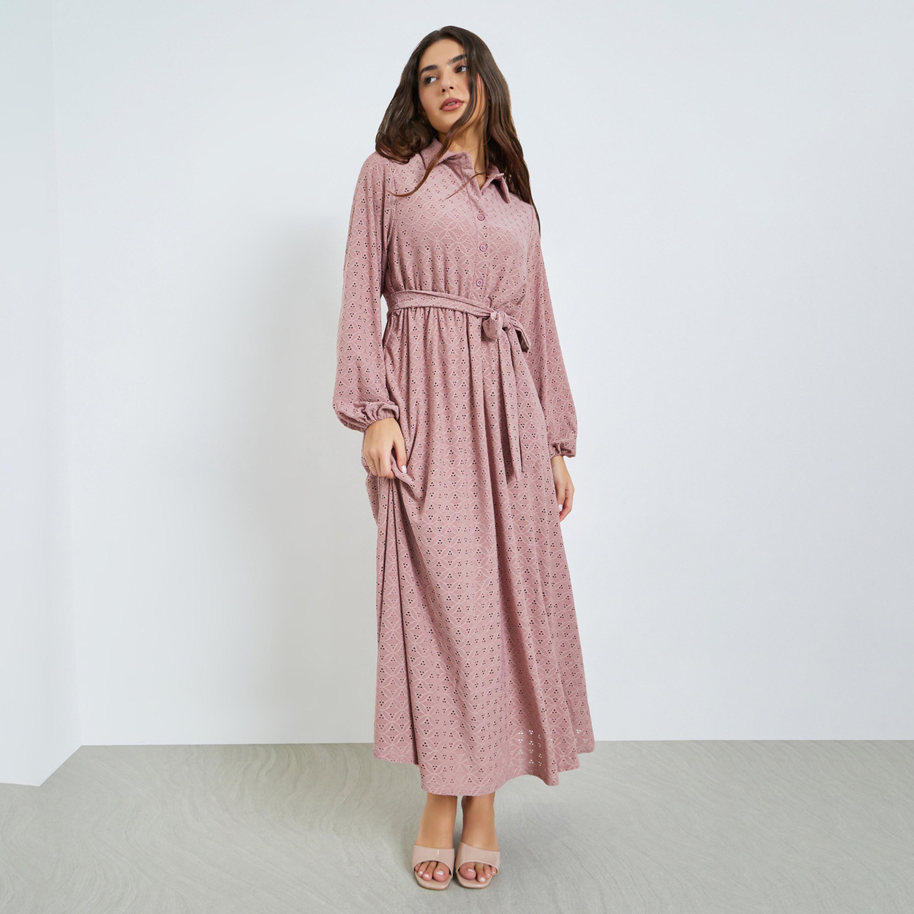 Styli Pink Eyelet Shirt Maxi Dress with Tie-Blet-women-clothing-dresses-image-1