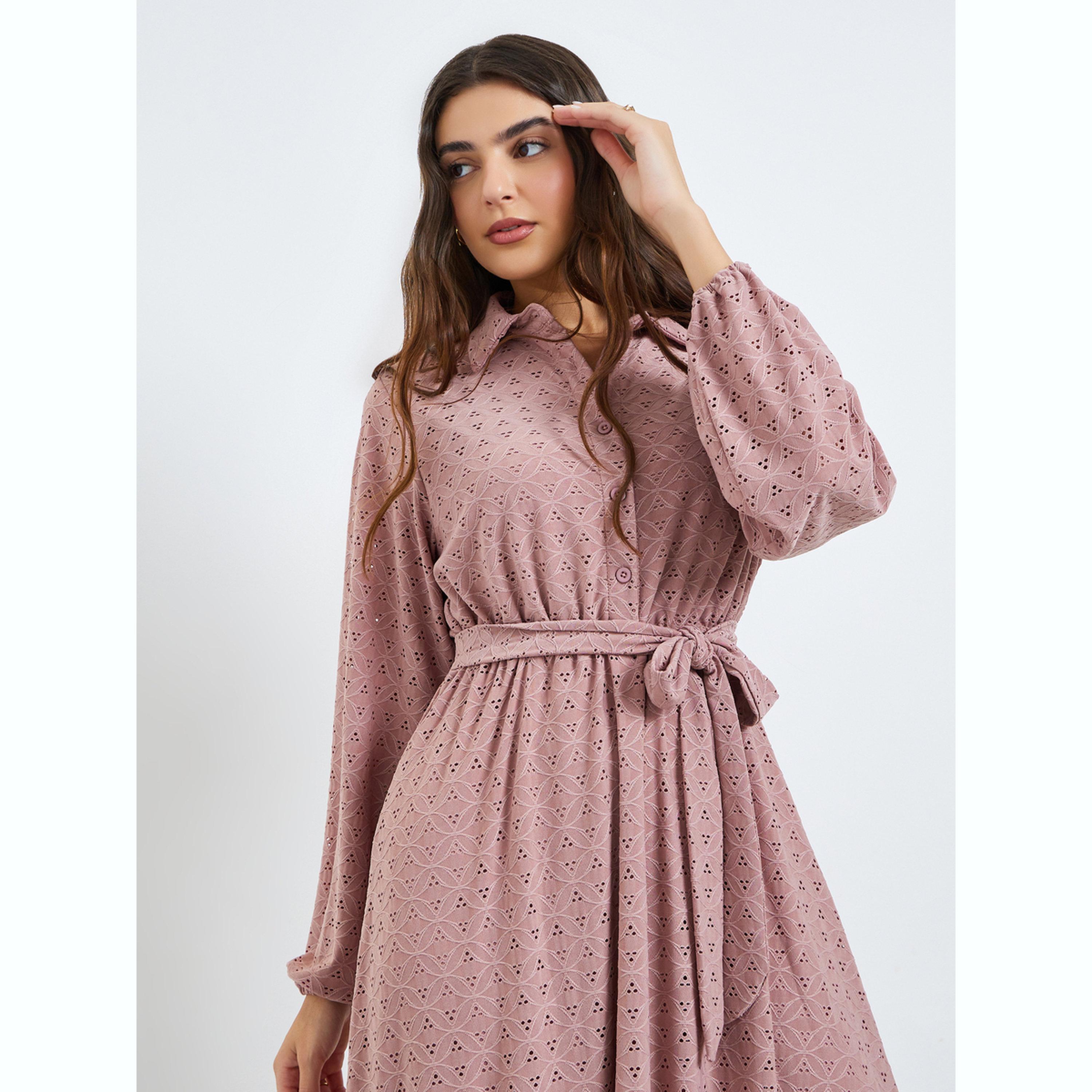 Styli Pink Eyelet Shirt Maxi Dress with Tie-Blet-women-clothing-dresses-image-2