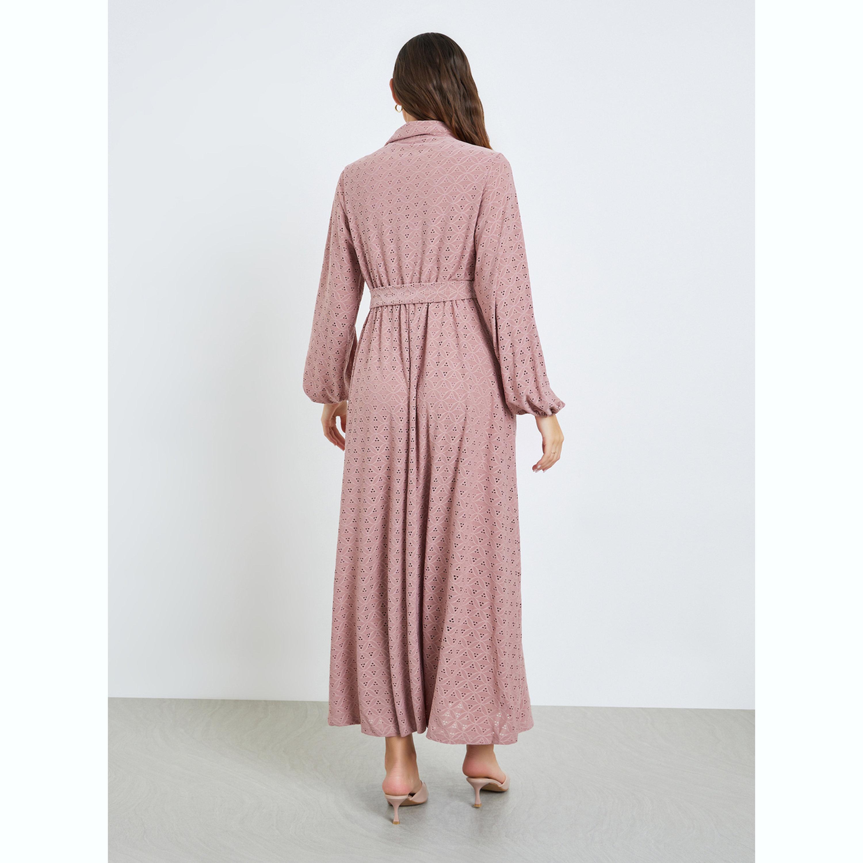 Styli Pink Eyelet Shirt Maxi Dress with Tie-Blet-women-clothing-dresses-image-4