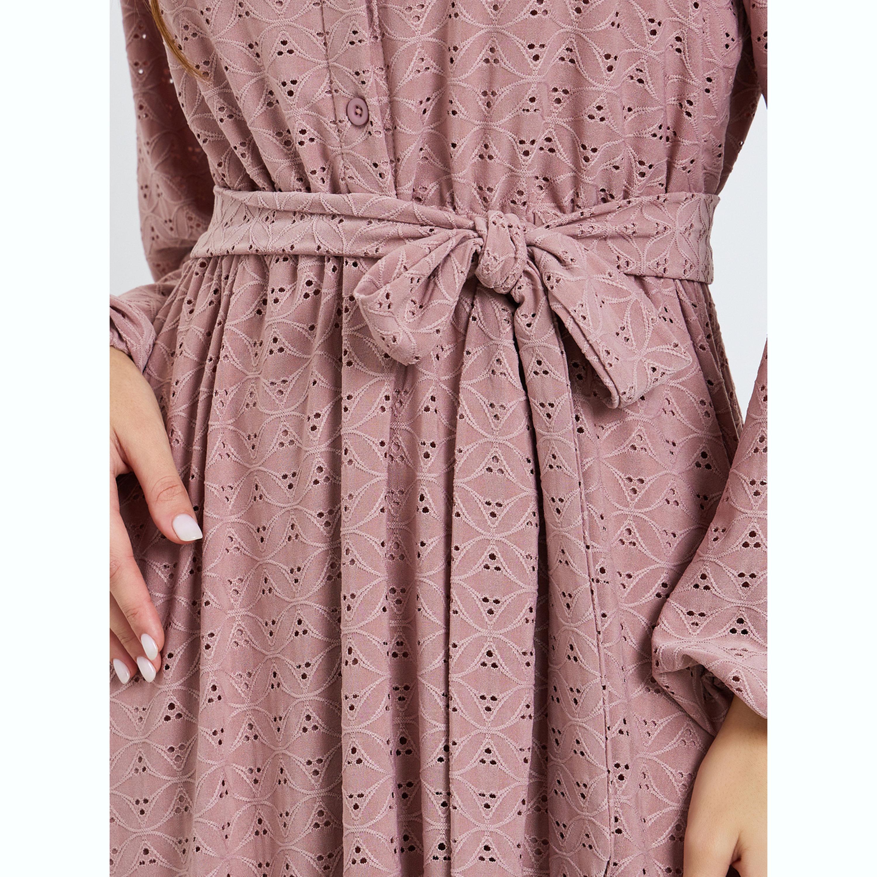 Styli Pink Eyelet Shirt Maxi Dress with Tie-Blet-women-clothing-dresses-image-5