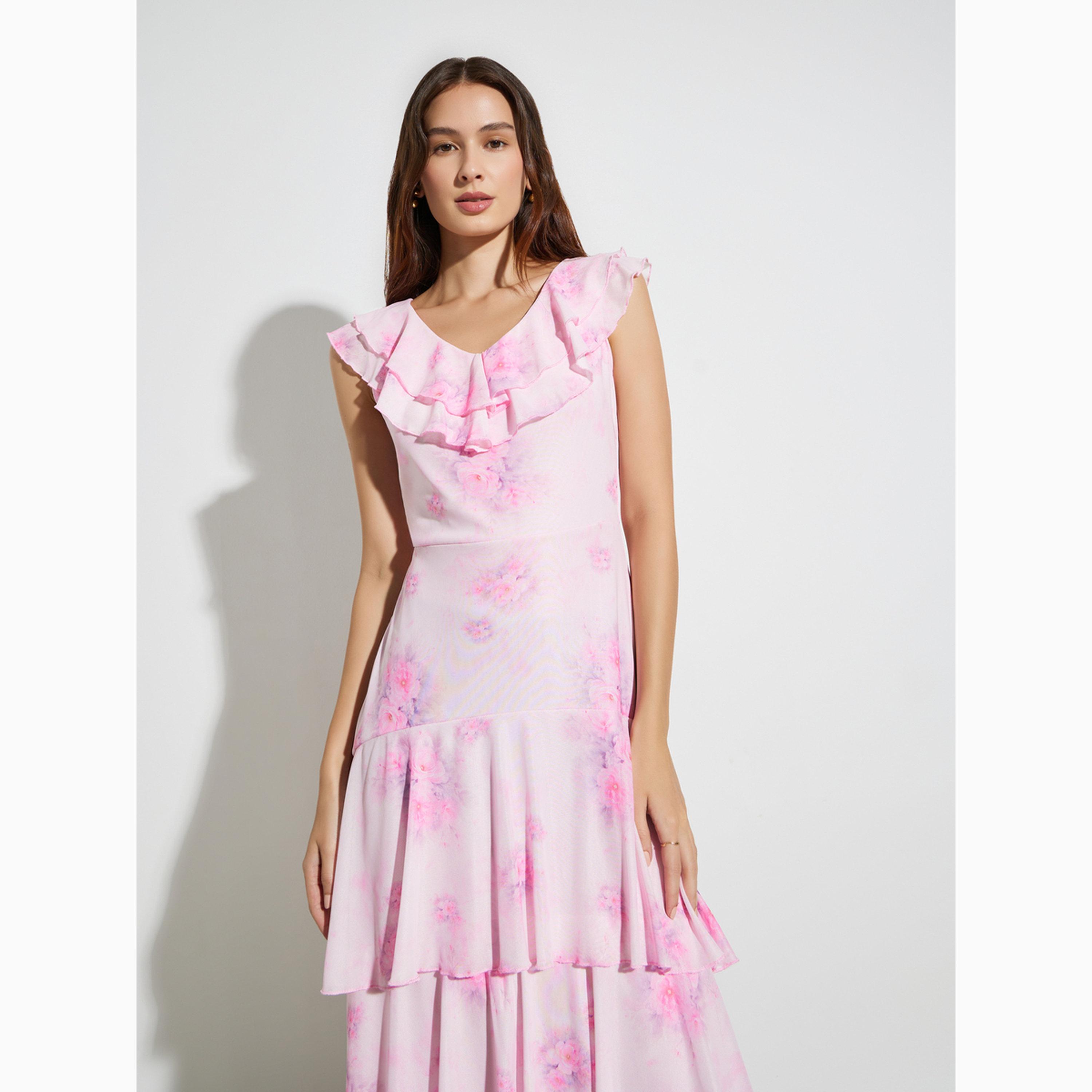 Styli Pink Floral Print Layered Maxi Dress-women-clothing-dresses-image-2