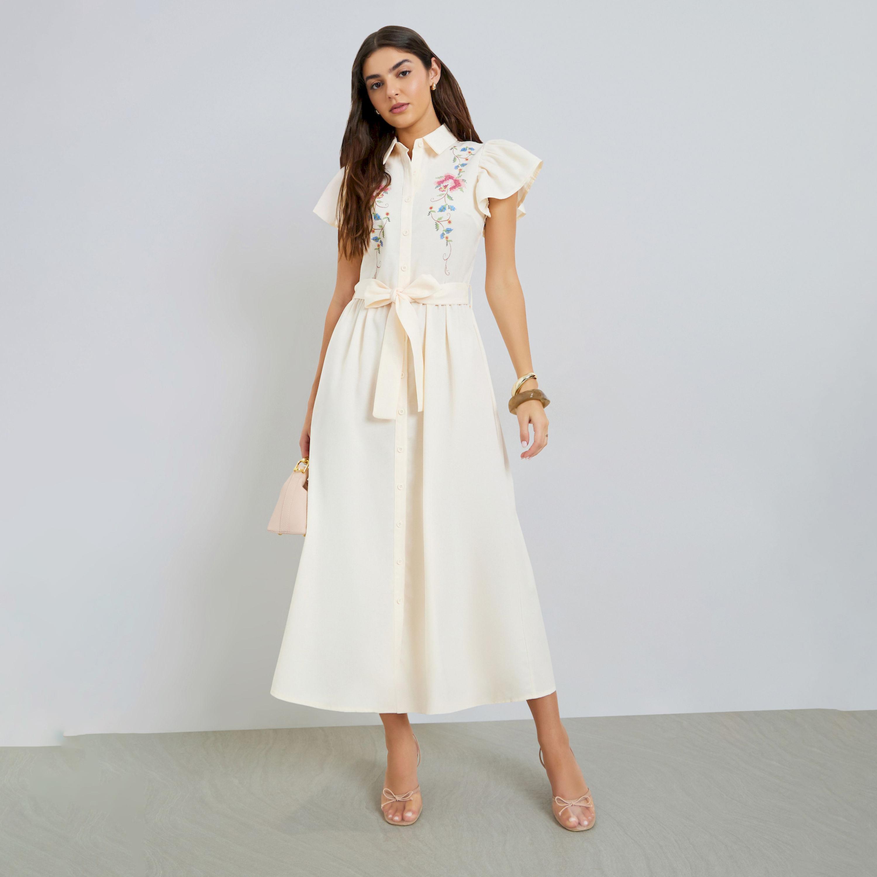 فستان طويل بنمط قميص وطبعة زهور-women-clothing-dresses-image-1