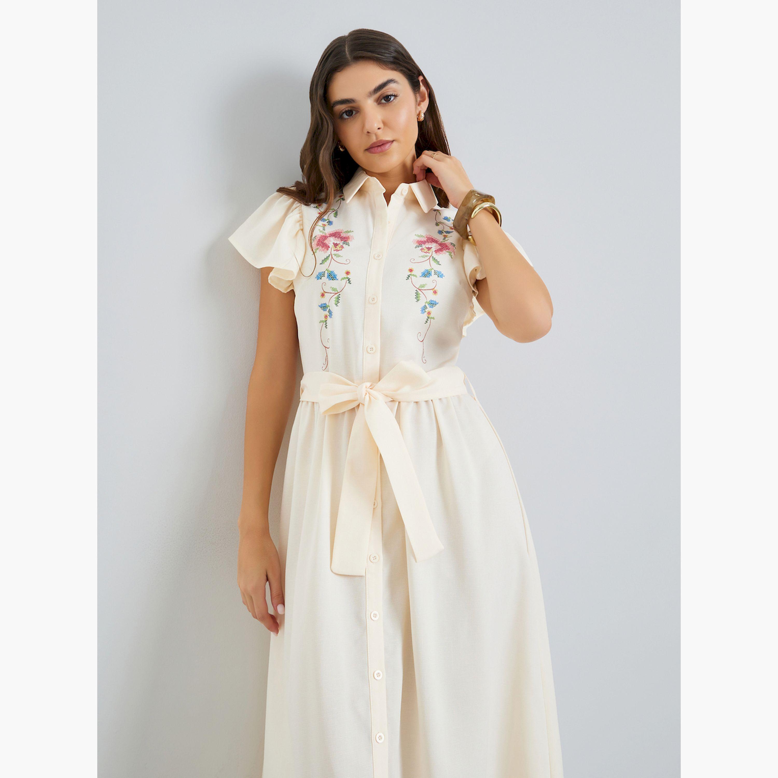 فستان طويل بنمط قميص وطبعة زهور-women-clothing-dresses-image-2