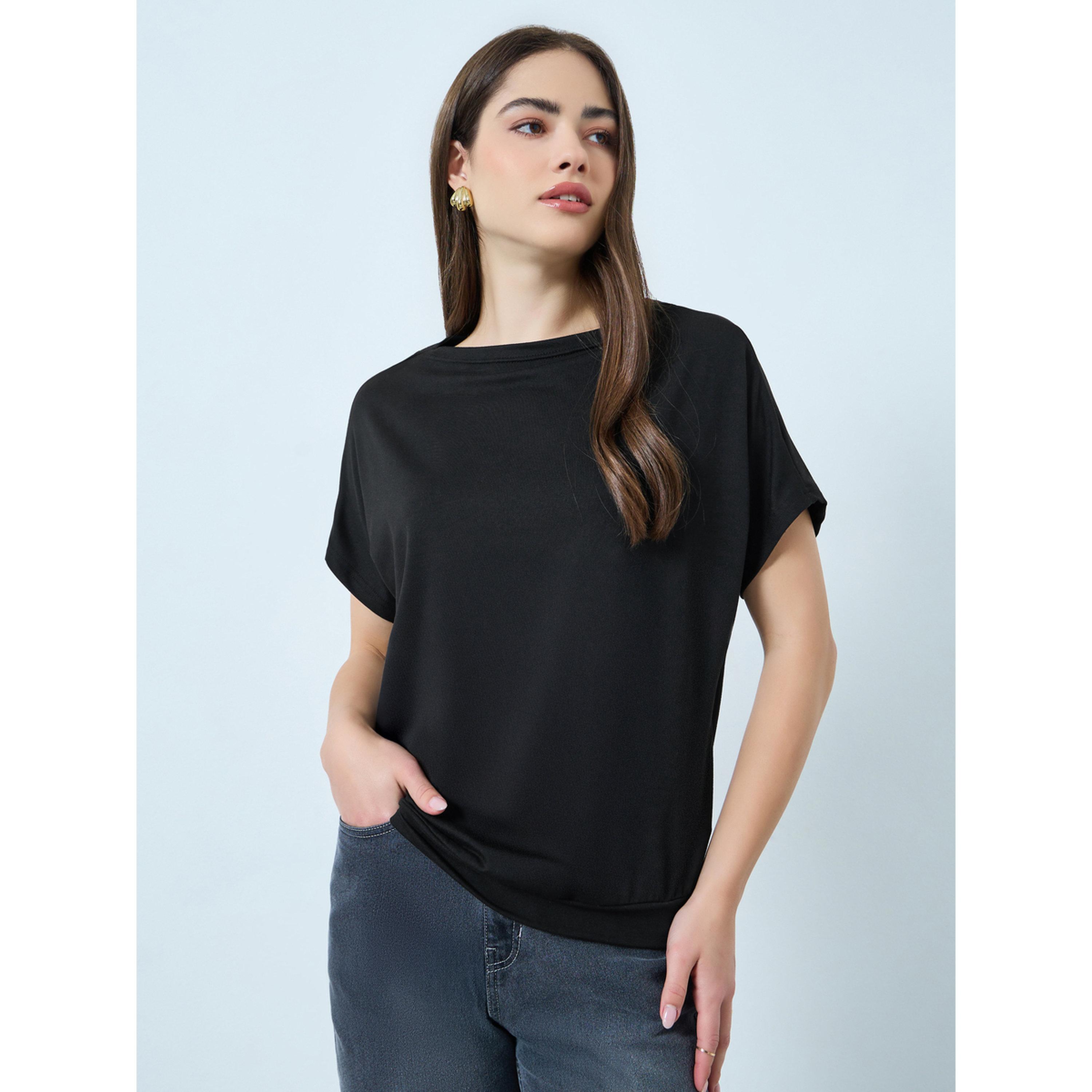 Styli Black Plain Short Sleeve T-Shirt-women-clothing-tshirts-image-1