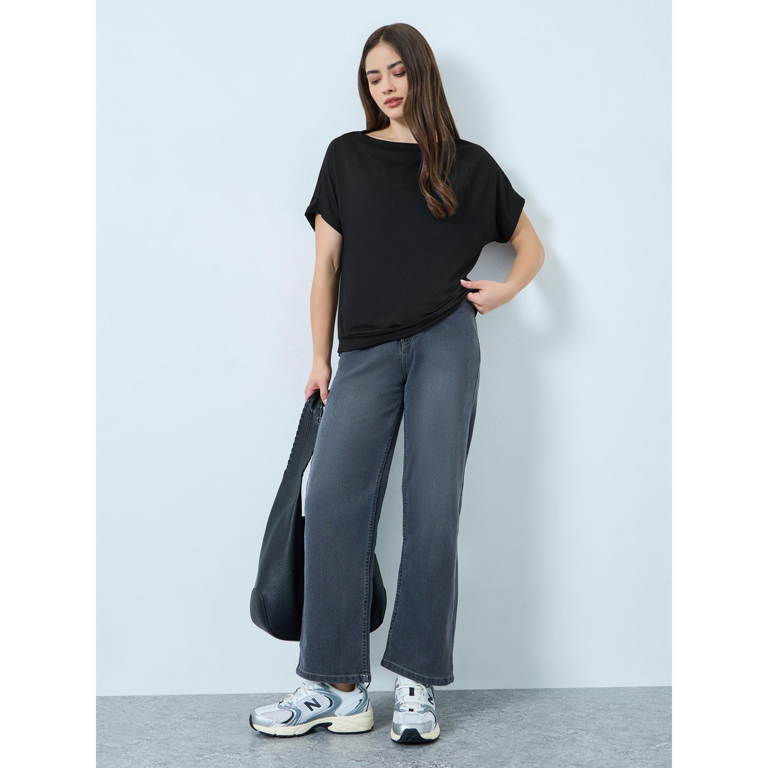 Styli Black Plain Short Sleeve T-Shirt-women-clothing-tshirts-image-2